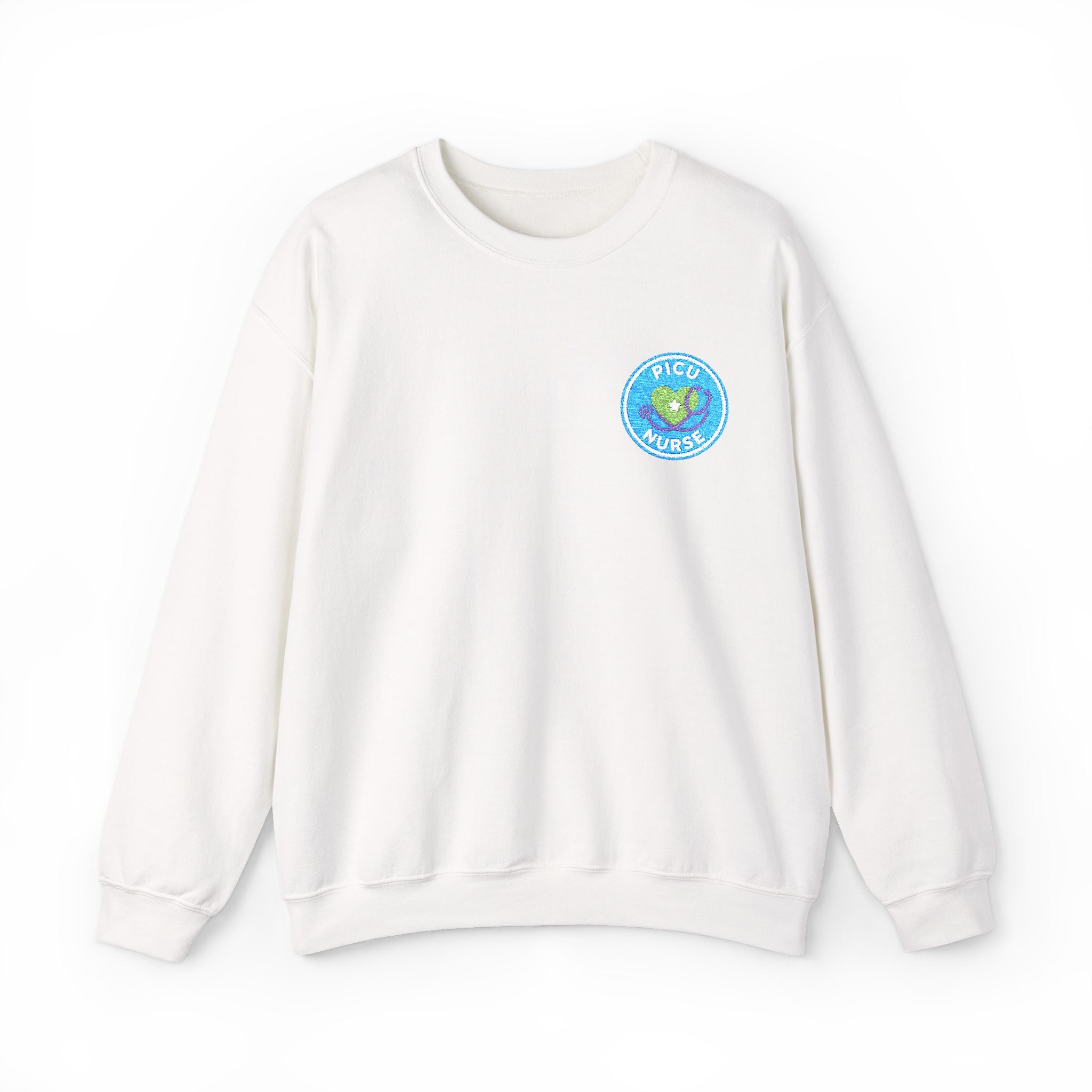 PICU Nurse Embroidered Circular Badge with Heart Stethoscope Unisex Heavy Blend™ Crewneck Sweatshirt