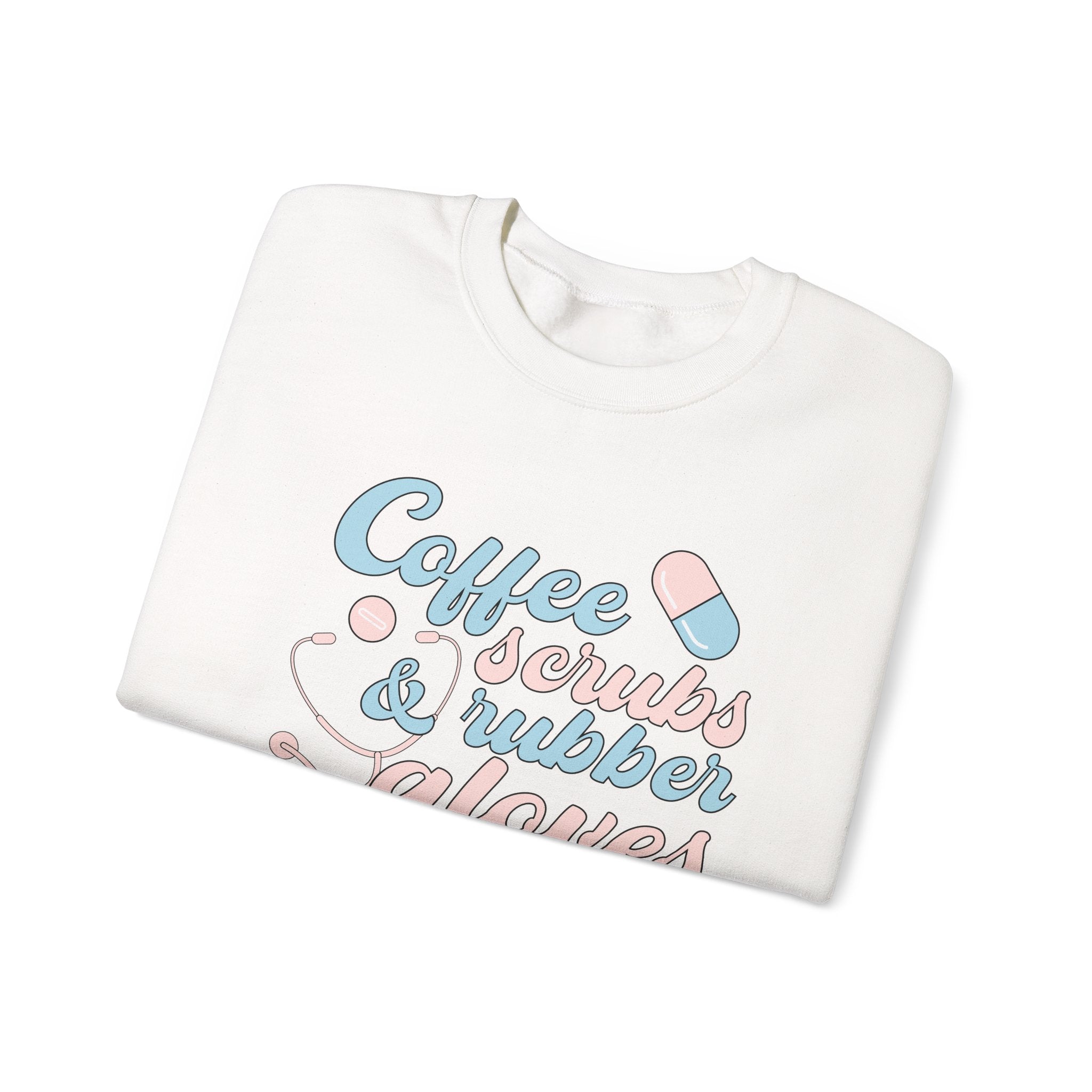 Nurse Life Sweatshirt — "Coffee, Scrubs & Rubber Gloves" Pastel Medical Crewneck
