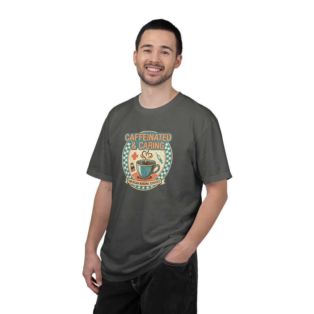 Caffeinated & Caring Nurse T‑Shirt — Retro Coffee Nursing Tee