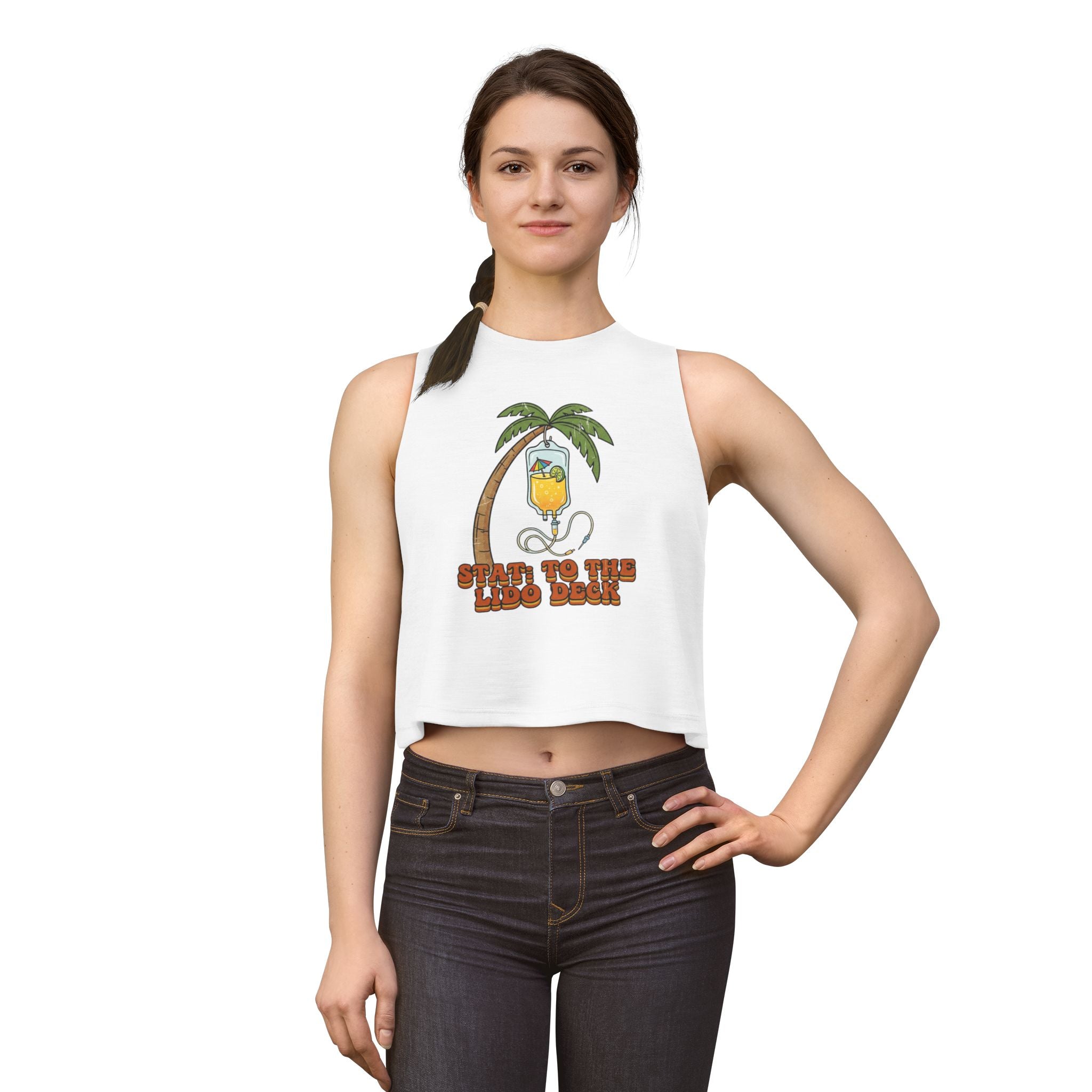 Nurse Conference Cruise Trip Crop Top — "Stat: to The Lido Deck" Tropical Palm & Drink Graphic Nurse T- Shirt