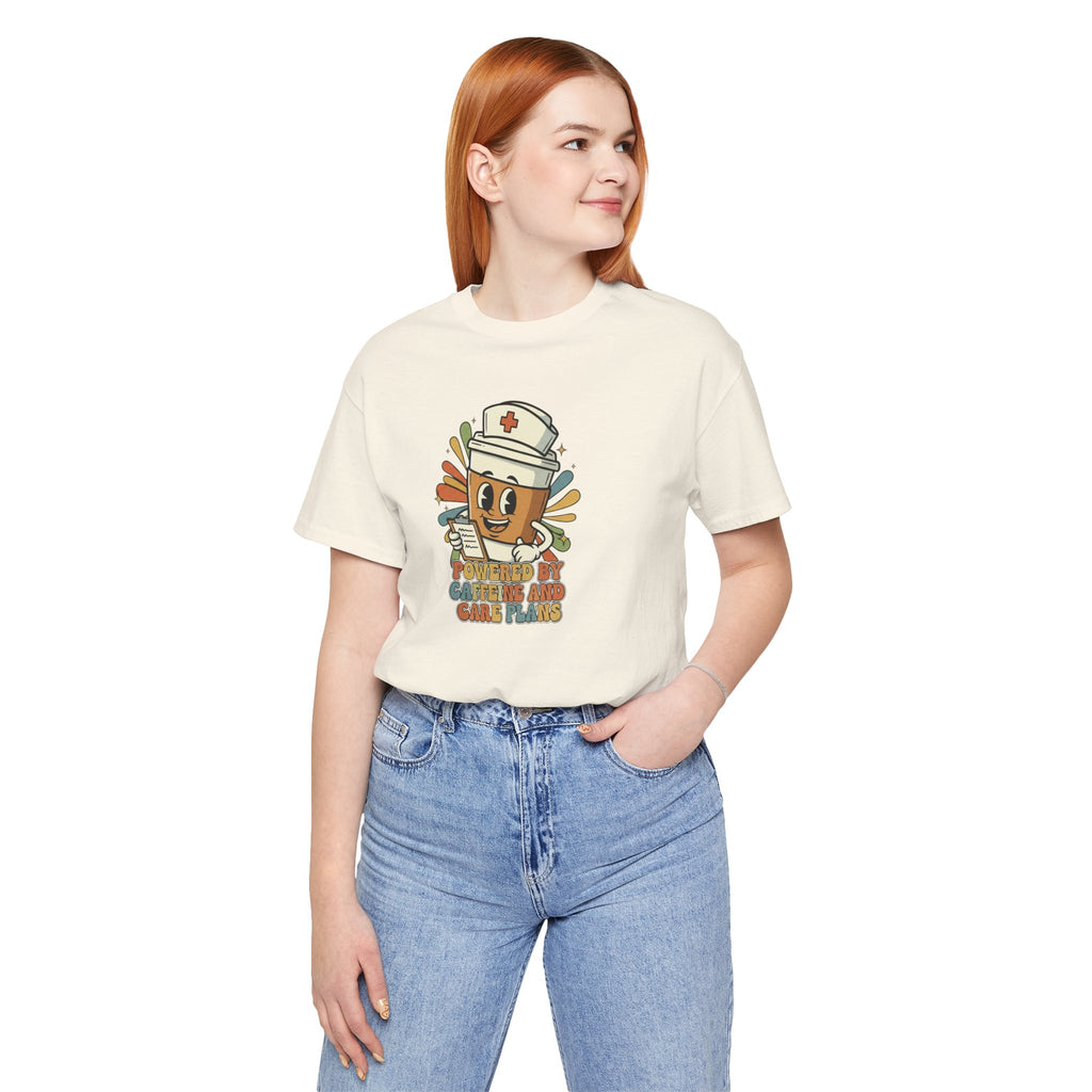 Nurse Coffee Cup Tee — "Fueled by Caffeine and Caring" Retro Nurse Graphic T‑Shirt Nursing Student Tees Student Nurse
