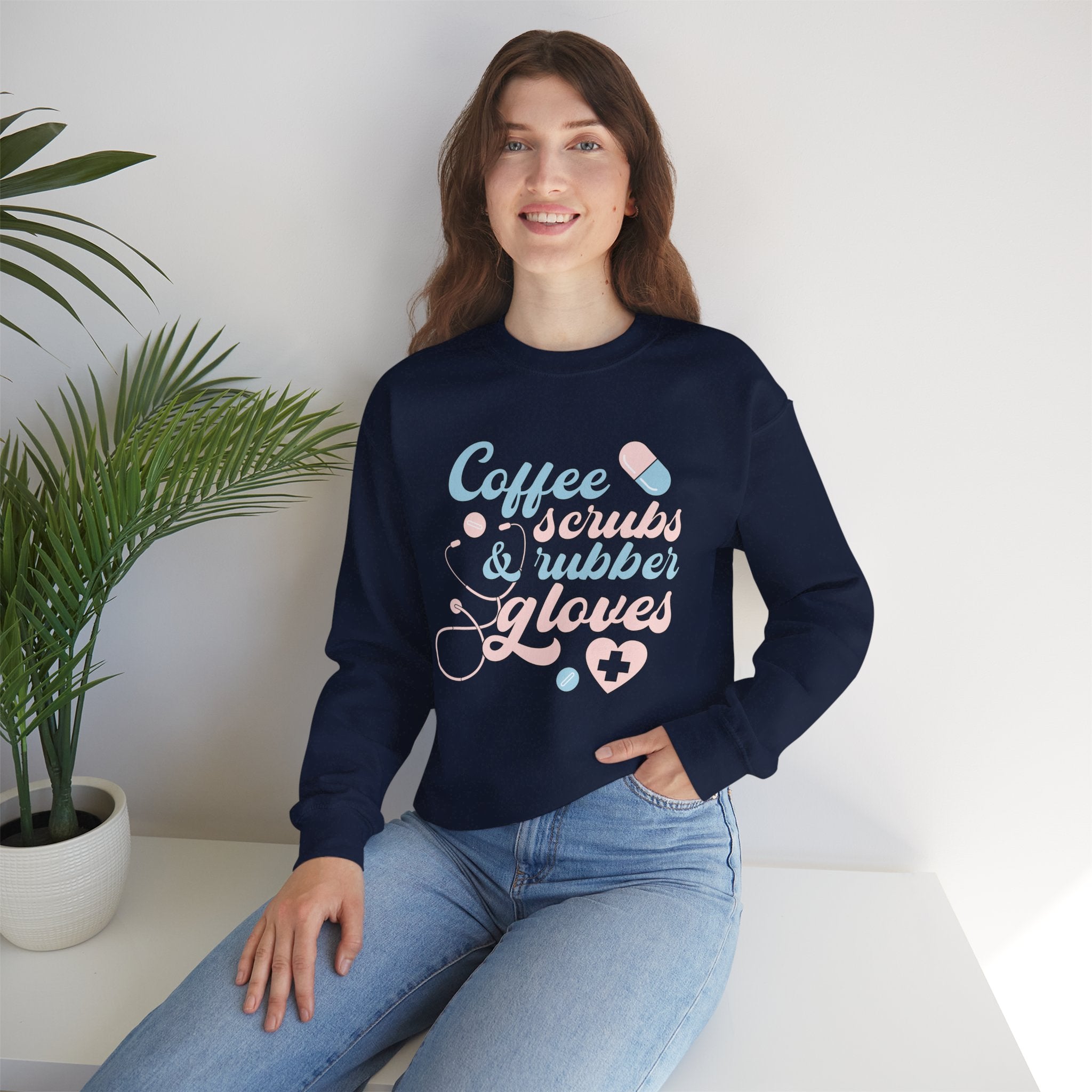 Nurse Life Sweatshirt — "Coffee, Scrubs & Rubber Gloves" Pastel Medical Crewneck