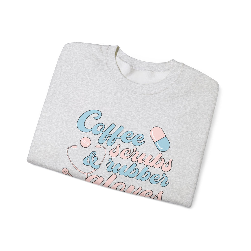 Nurse Life Sweatshirt — "Coffee, Scrubs & Rubber Gloves" Pastel Medical Crewneck