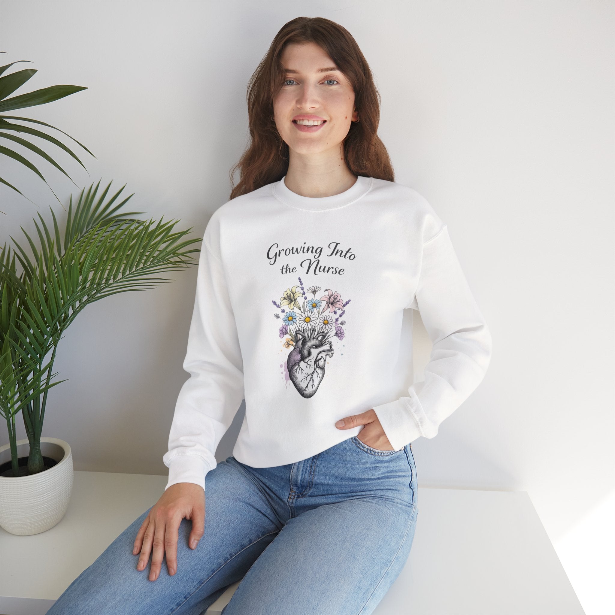 Nurse Graduation Sweatshirt — "Growing Into the Nurse" Floral Anatomical Heart Crewneck Student Nurse