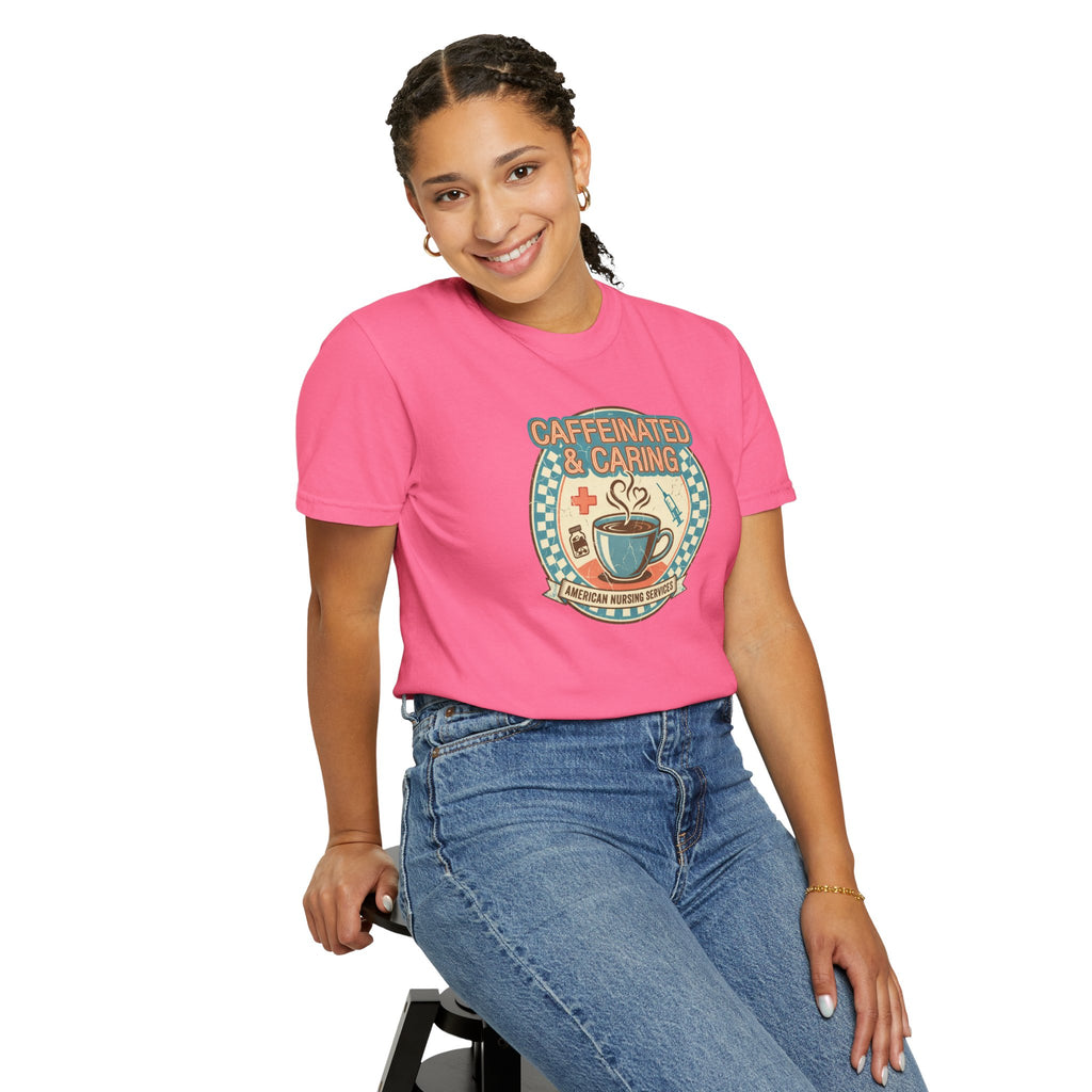 Caffeinated & Caring Nurse T‑Shirt — Retro Coffee Nursing Tee