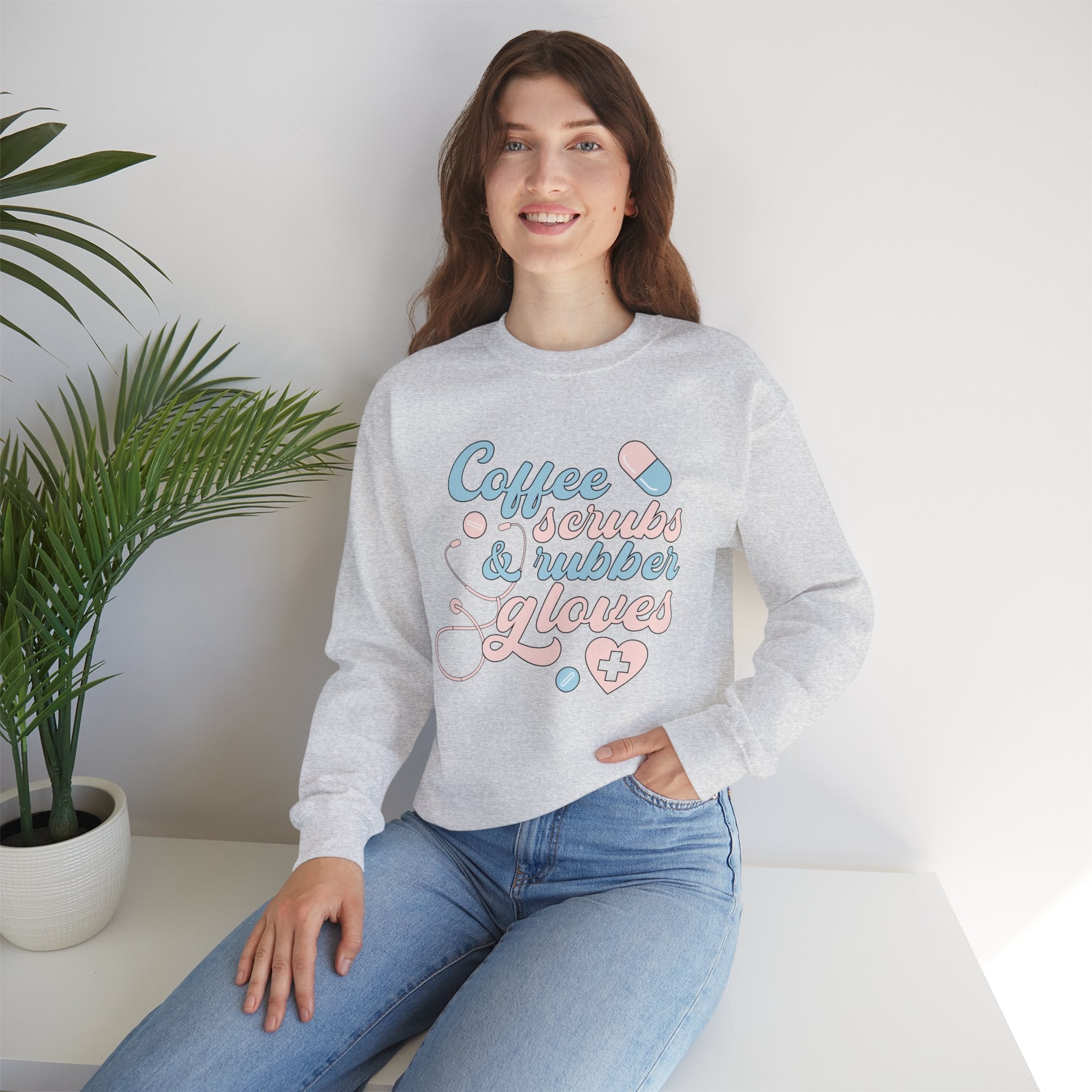 Nurse Life Sweatshirt — "Coffee, Scrubs & Rubber Gloves" Pastel Medical Crewneck