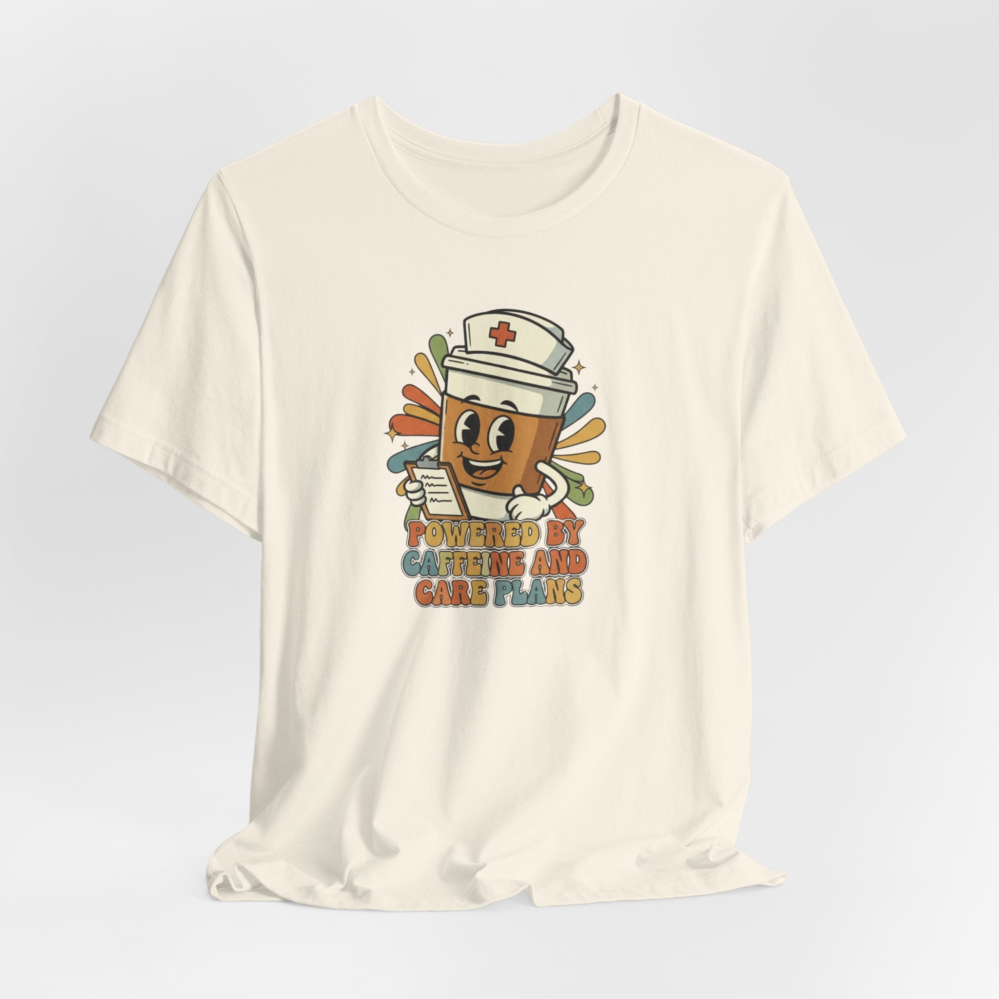 Nurse Coffee Cup Tee — "Fueled by Caffeine and Caring" Retro Nurse Graphic T‑Shirt Nursing Student Tees Student Nurse
