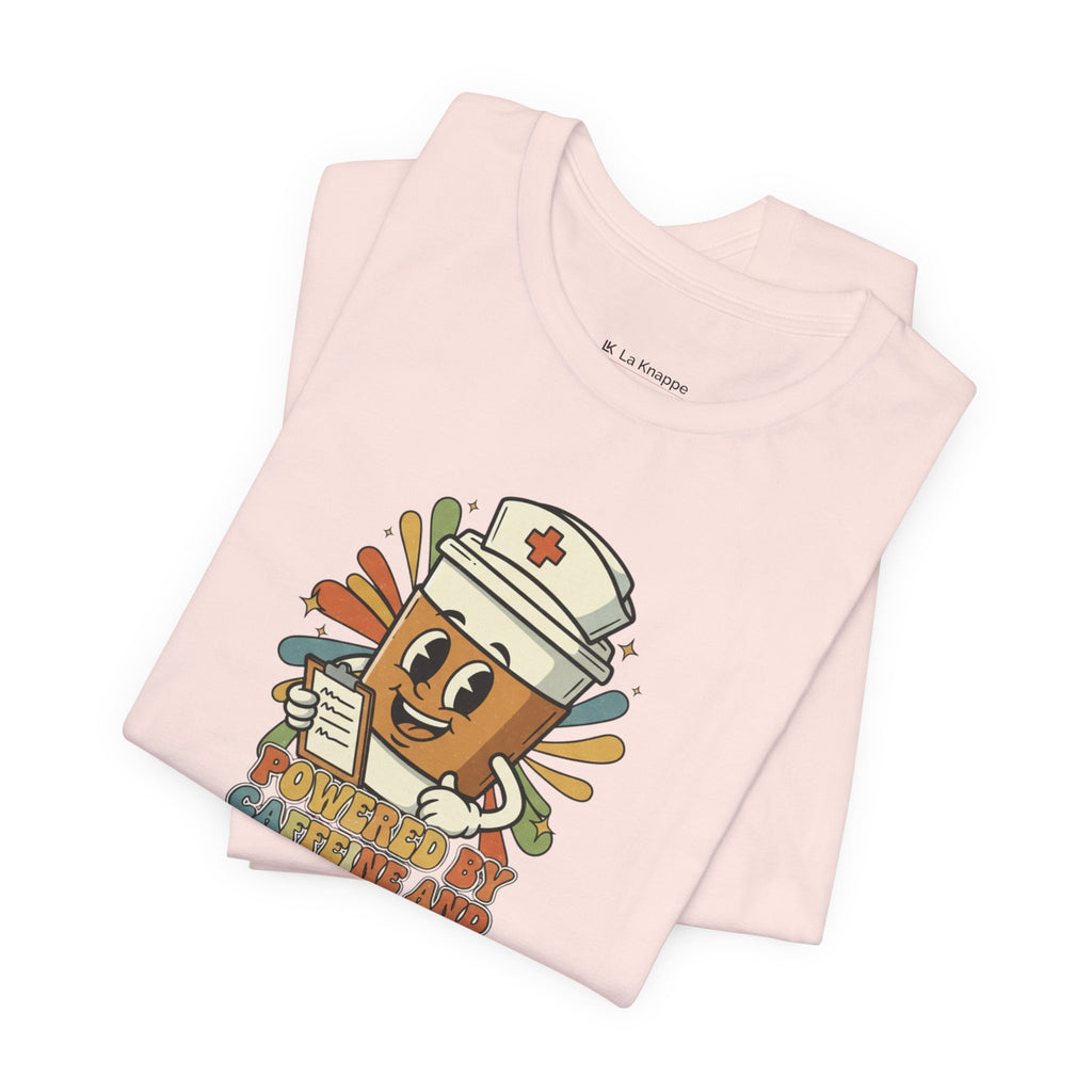 Nurse Coffee Cup Tee — "Fueled by Caffeine and Caring" Retro Nurse Graphic T‑Shirt Nursing Student Tees Student Nurse