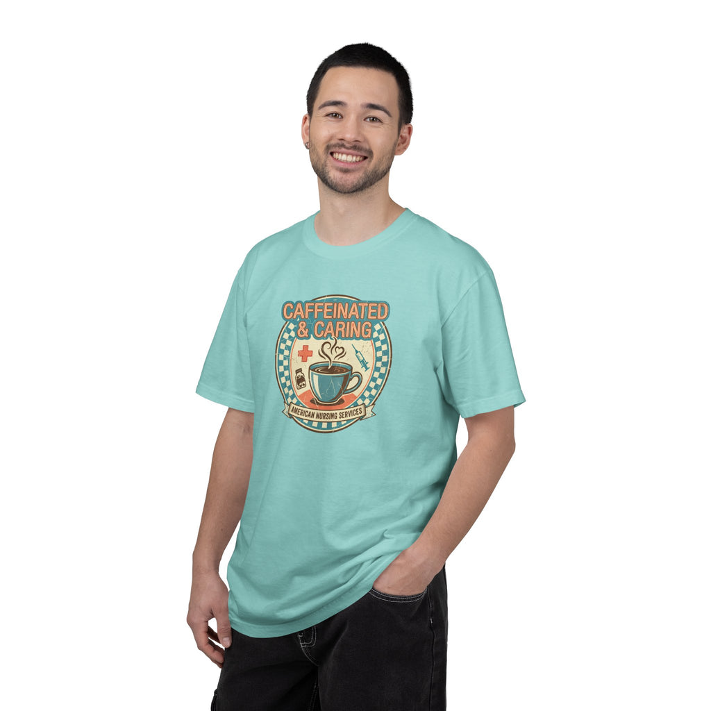 Caffeinated & Caring Nurse T‑Shirt — Retro Coffee Nursing Tee