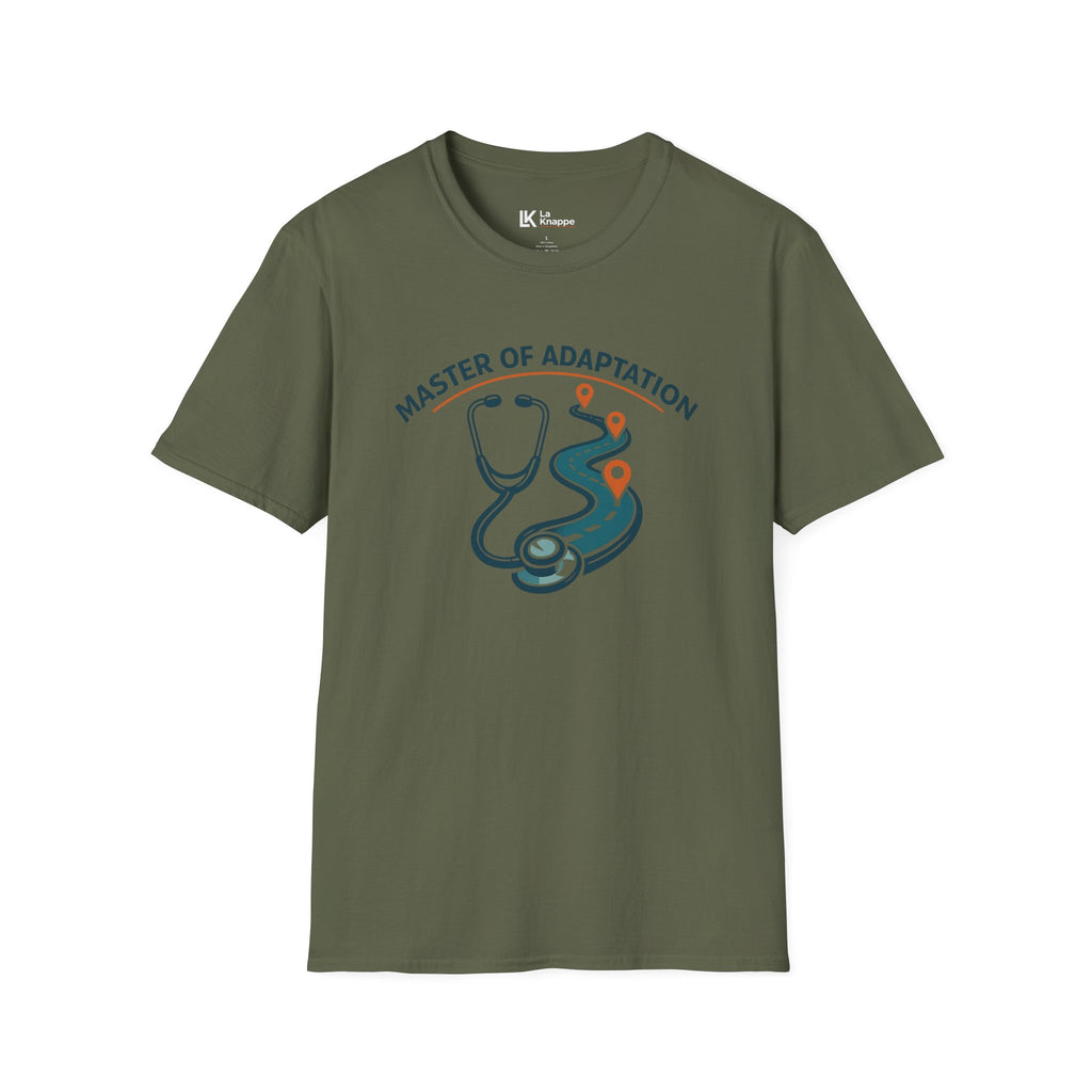 Travel Nurse Master of Adaptation Stethoscope T-Shirt — Nurse & Med Student Gift Travelling Adventure and Healthcare
