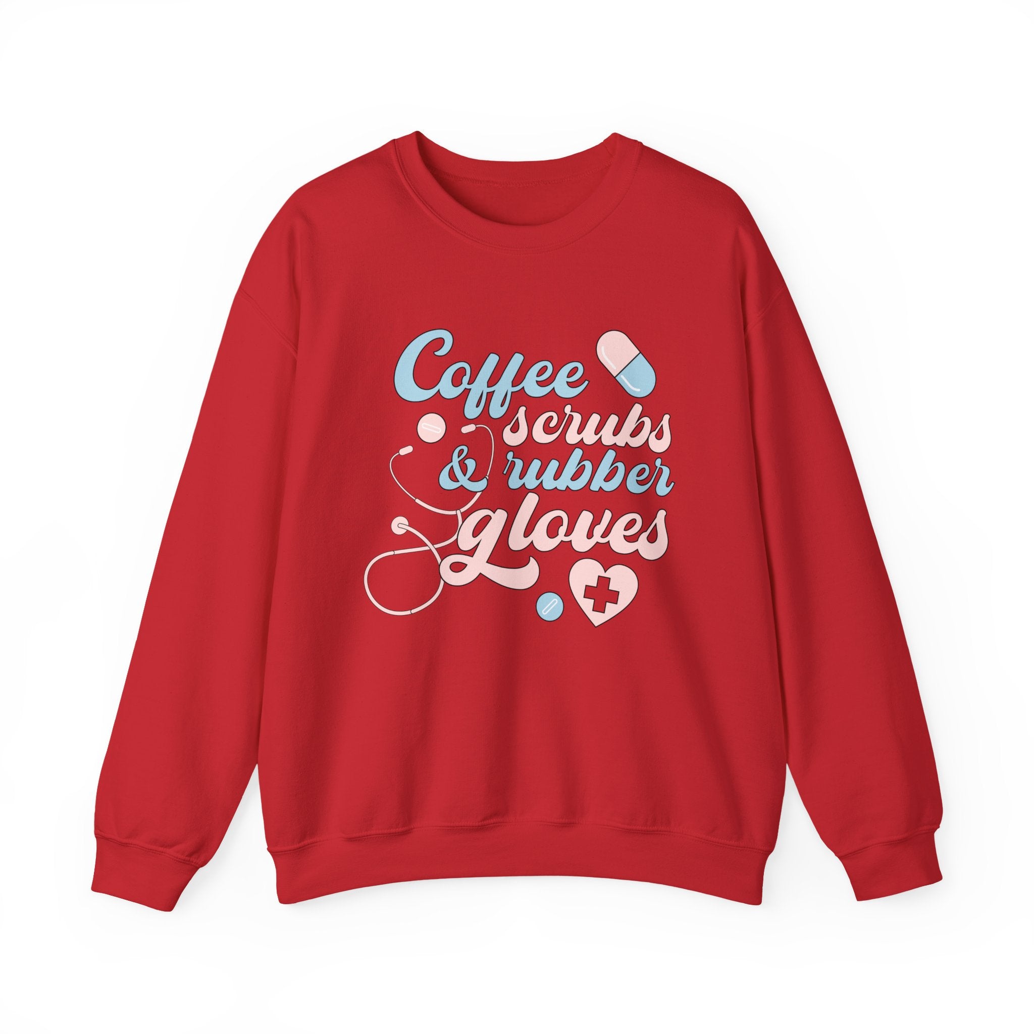 Nurse Life Sweatshirt — "Coffee, Scrubs & Rubber Gloves" Pastel Medical Crewneck