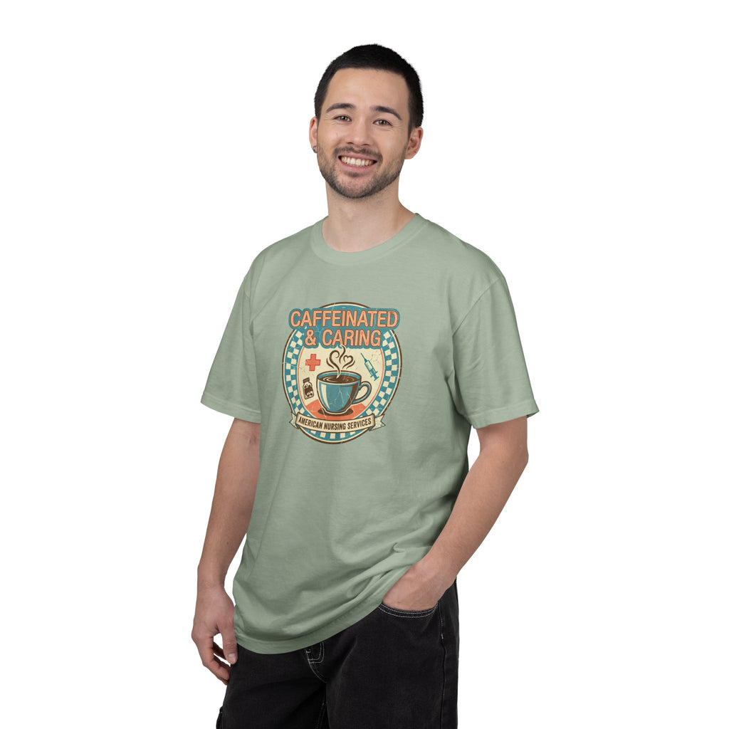 Caffeinated & Caring Nurse T‑Shirt — Retro Coffee Nursing Tee