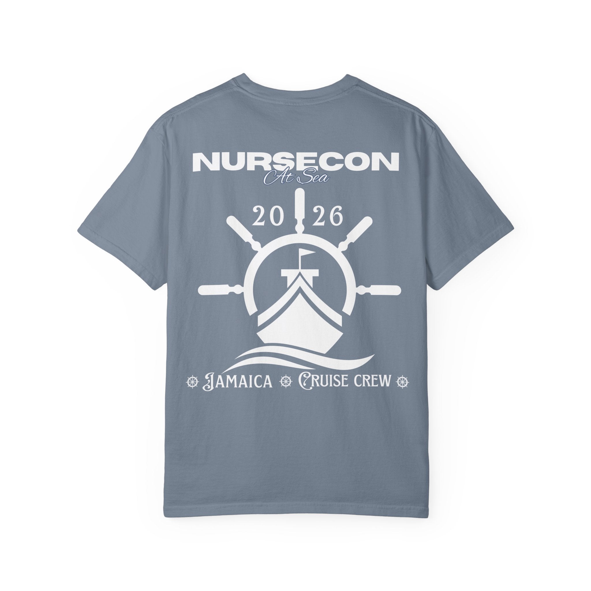 Customize NurseCon At Sea 2026 Cruise Crew T-Shirt — Personalized Name Nurse Nautical Blue Tee