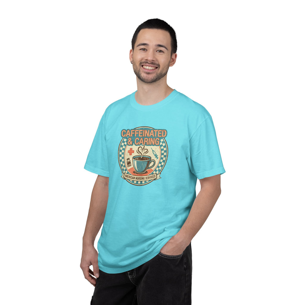 Caffeinated & Caring Nurse T‑Shirt — Retro Coffee Nursing Tee