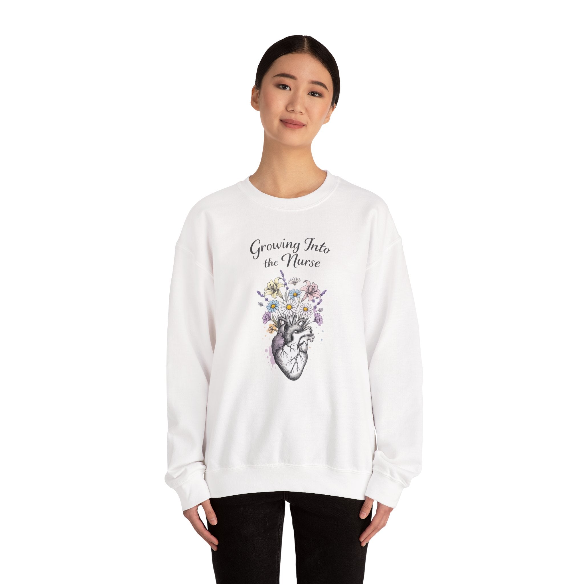 Nurse Graduation Sweatshirt — "Growing Into the Nurse" Floral Anatomical Heart Crewneck Student Nurse