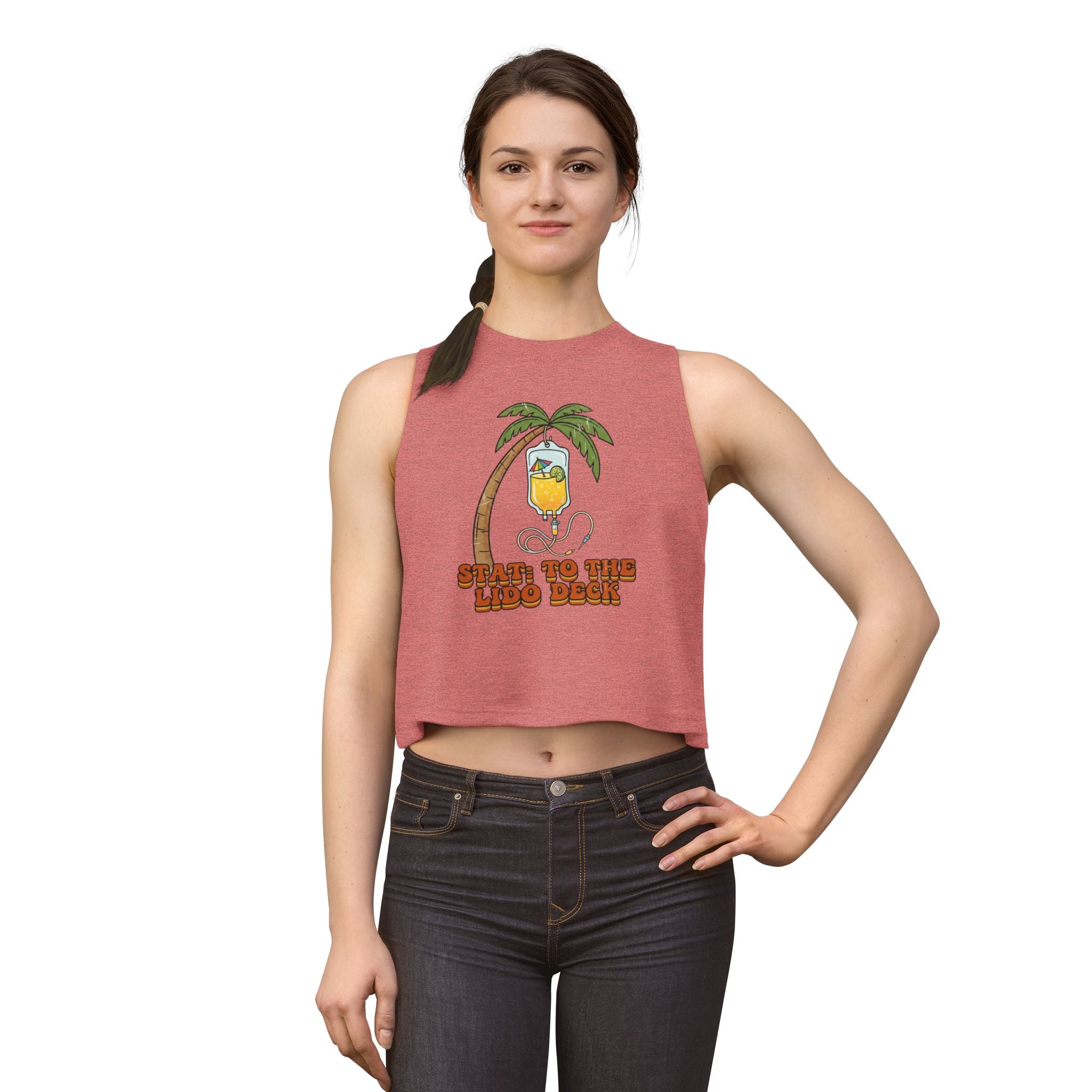 Nurse Conference Cruise Trip Crop Top — "Stat: to The Lido Deck" Tropical Palm & Drink Graphic Nurse T- Shirt