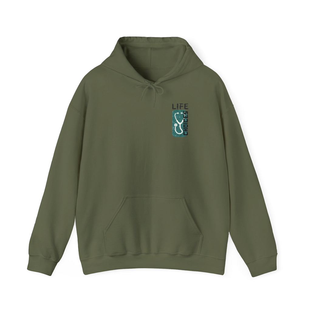 Hoodie — "Life Is Full of Choices" Stethoscope, Coffee & IV Nurse Cozy Pullover