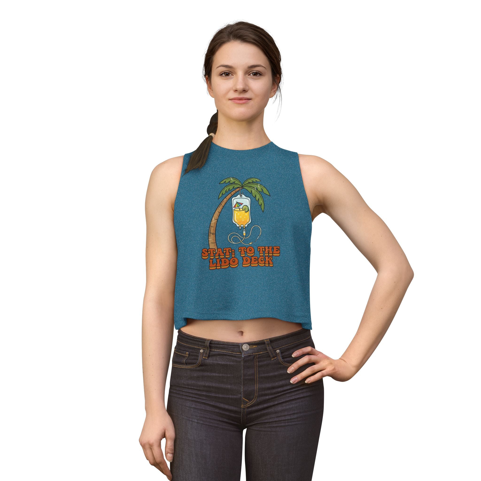 Nurse Conference Cruise Trip Crop Top — "Stat: to The Lido Deck" Tropical Palm & Drink Graphic Nurse T- Shirt