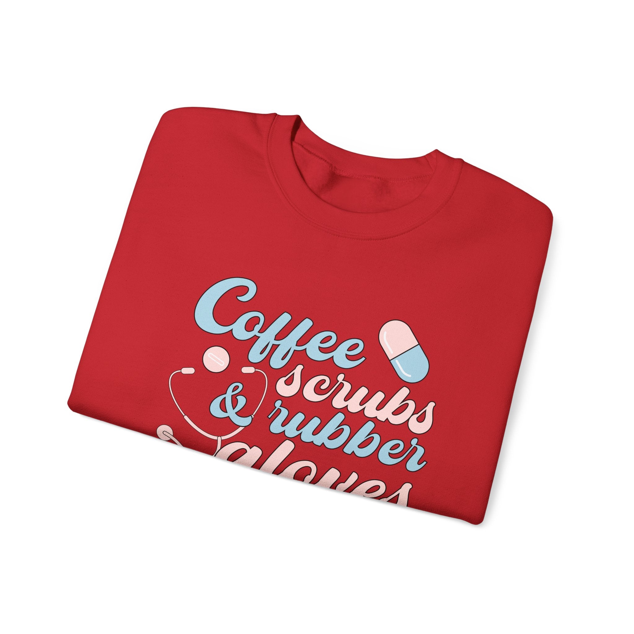 Nurse Life Sweatshirt — "Coffee, Scrubs & Rubber Gloves" Pastel Medical Crewneck