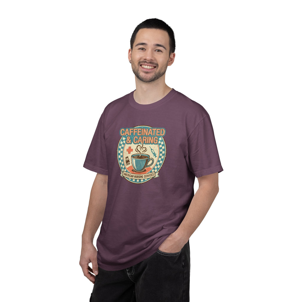 Caffeinated & Caring Nurse T‑Shirt — Retro Coffee Nursing Tee