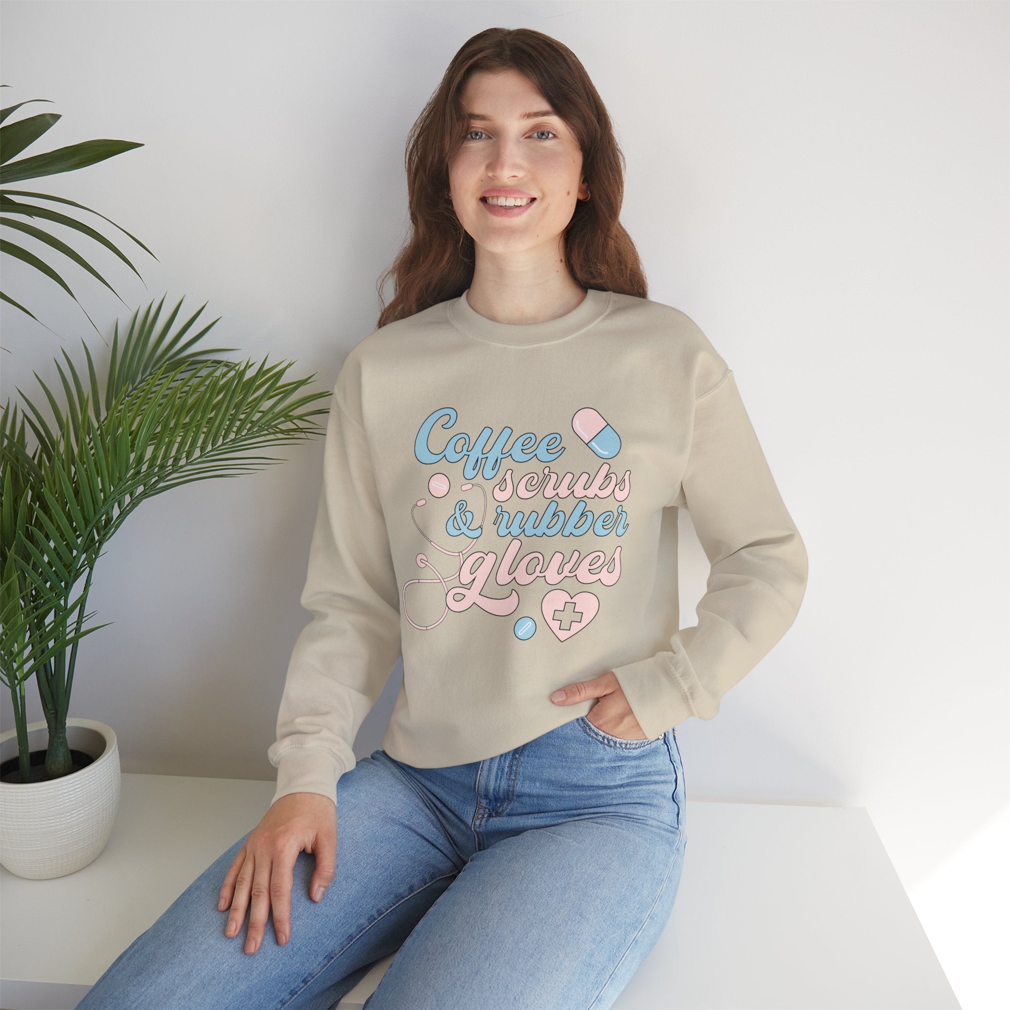 Nurse Life Sweatshirt — "Coffee, Scrubs & Rubber Gloves" Pastel Medical Crewneck