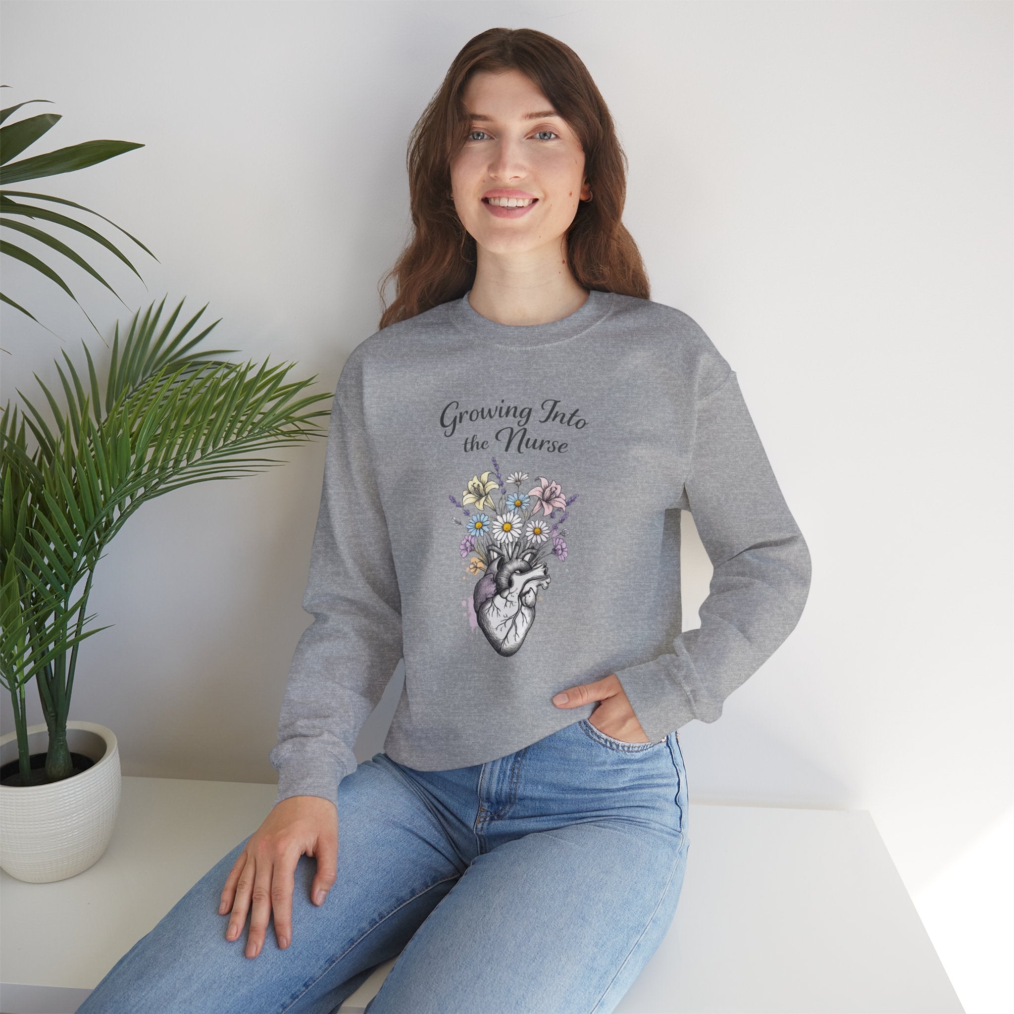 Nurse Graduation Sweatshirt — "Growing Into the Nurse" Floral Anatomical Heart Crewneck Student Nurse