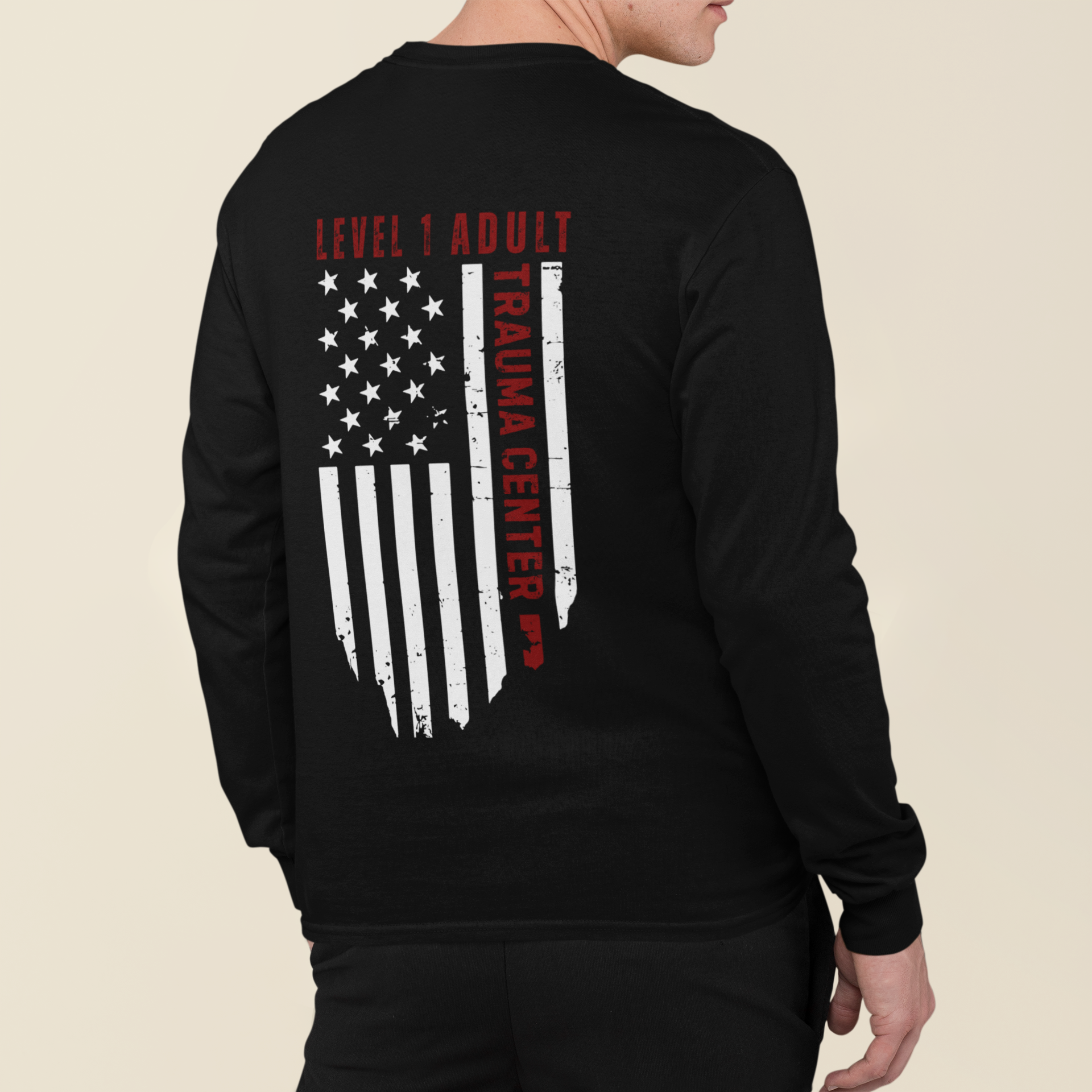 Trauma Nurse Emergency Trauma RN Distressed Flag Long Sleeve Tee — "Level 1 Engine" Back Design For Nurses Trained in Trauma- Trauma Bay Nurse ED RN