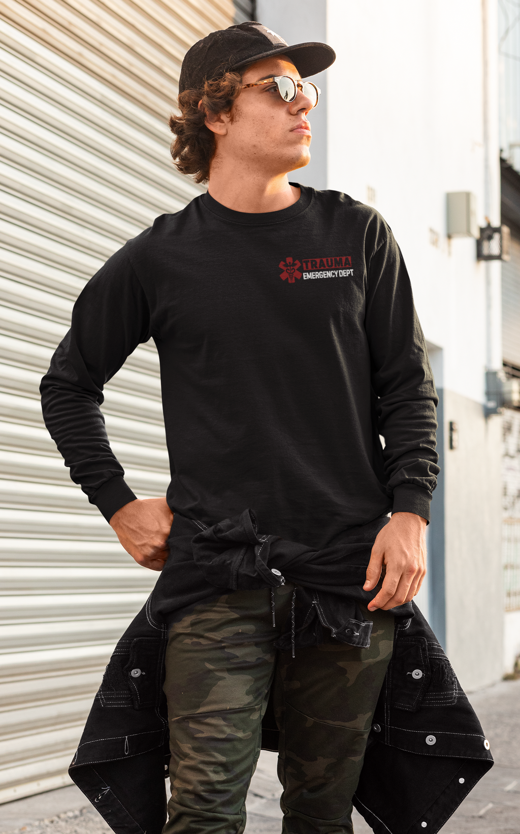 Trauma Nurse Emergency Trauma RN Distressed Flag Long Sleeve Tee — "Level 1 Engine" Back Design For Nurses Trained in Trauma- Trauma Bay Nurse ED RN