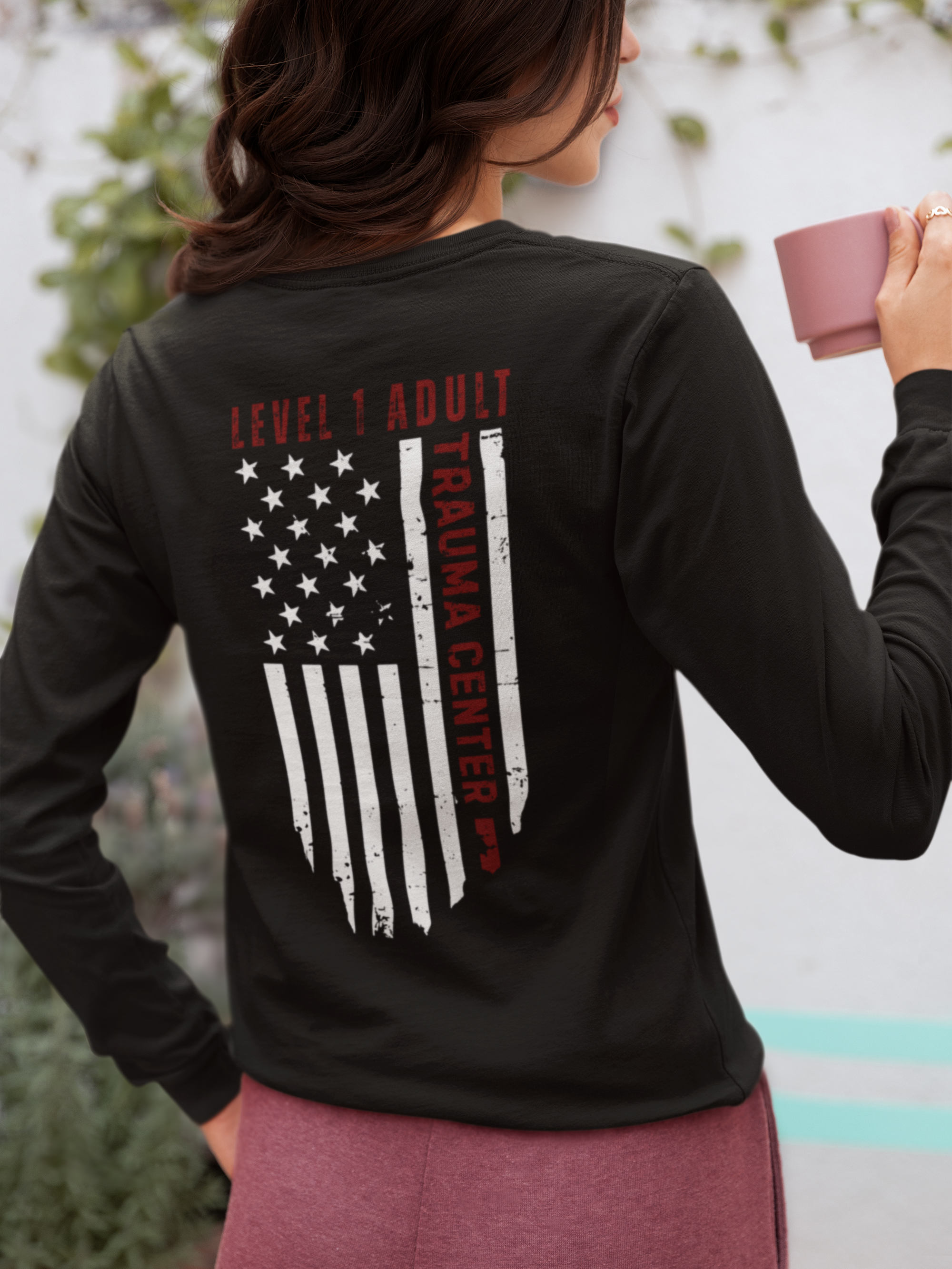 Trauma Nurse Emergency Trauma RN Distressed Flag Long Sleeve Tee — "Level 1 Engine" Back Design For Nurses Trained in Trauma- Trauma Bay Nurse ED RN