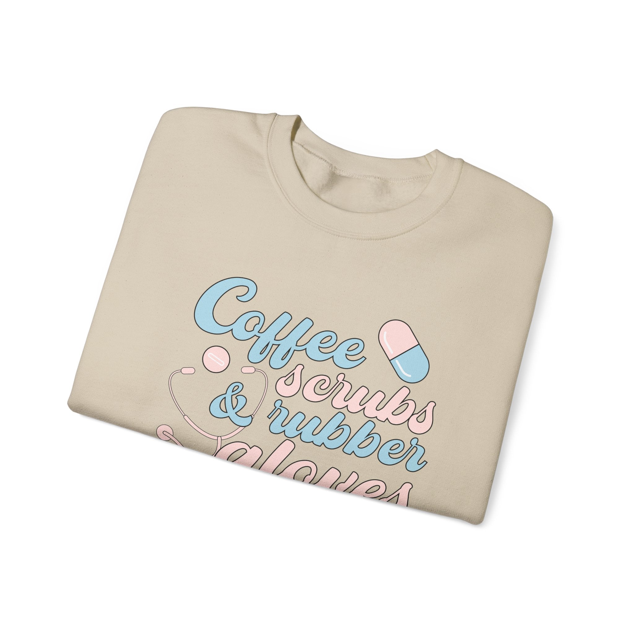 Nurse Life Sweatshirt — "Coffee, Scrubs & Rubber Gloves" Pastel Medical Crewneck