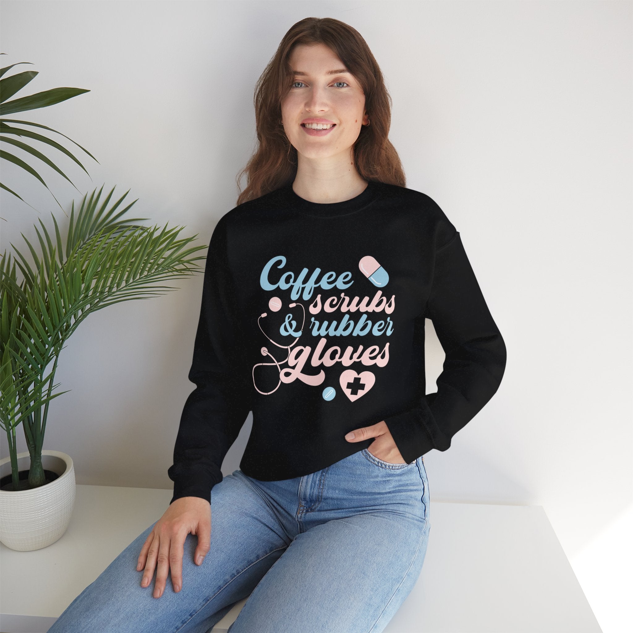 Nurse Life Sweatshirt — "Coffee, Scrubs & Rubber Gloves" Pastel Medical Crewneck