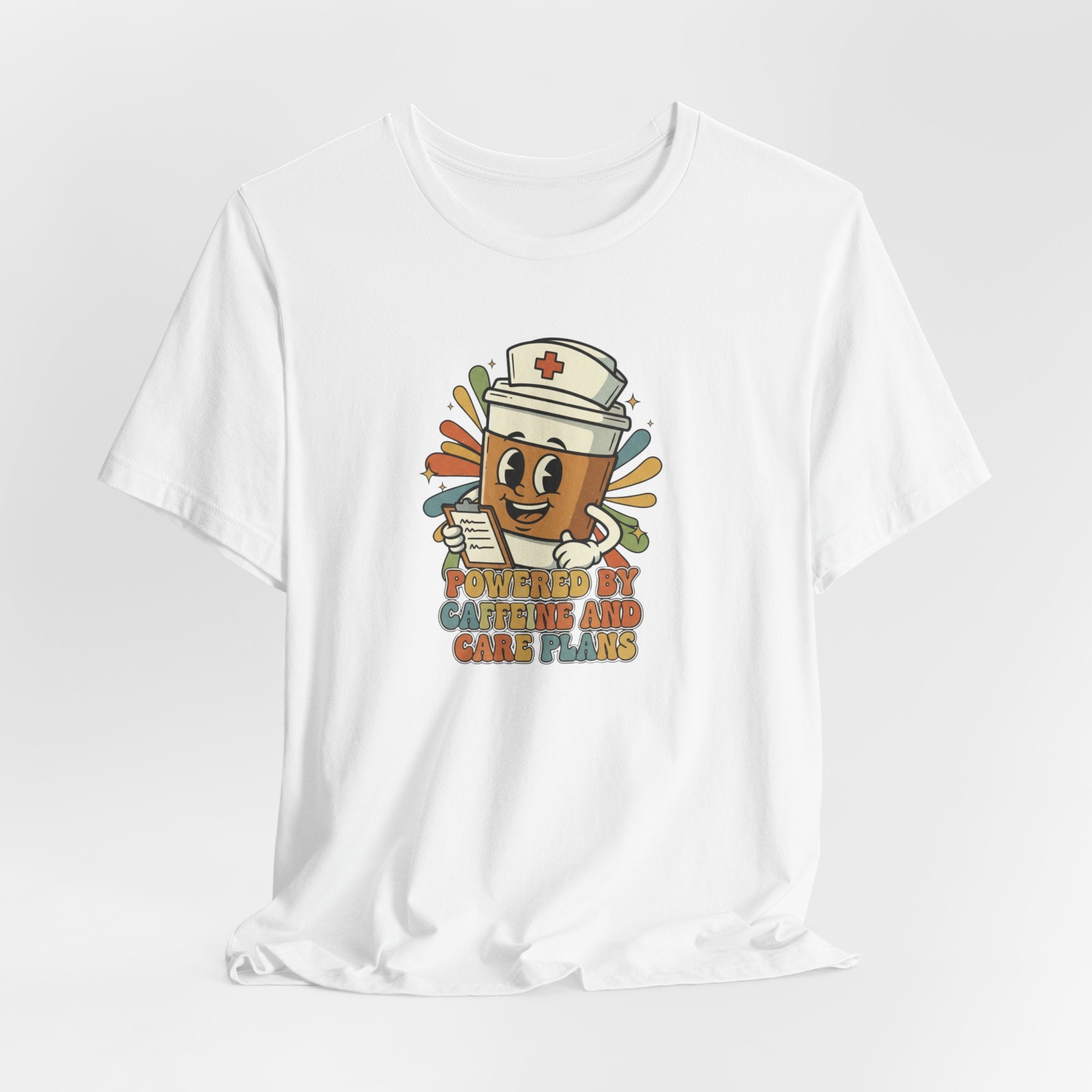 Nurse Coffee Cup Tee — "Fueled by Caffeine and Caring" Retro Nurse Graphic T‑Shirt Nursing Student Tees Student Nurse