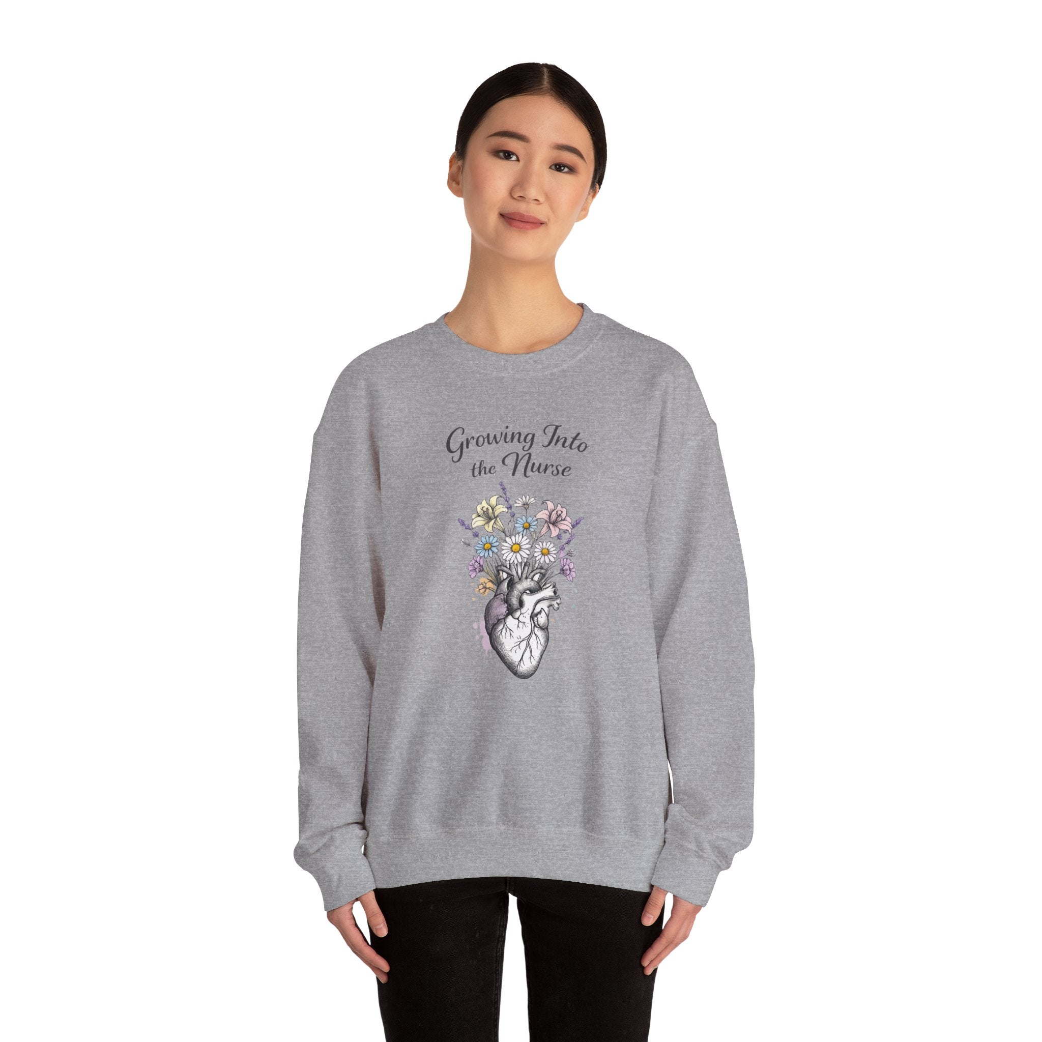 Nurse Graduation Sweatshirt — "Growing Into the Nurse" Floral Anatomical Heart Crewneck Student Nurse