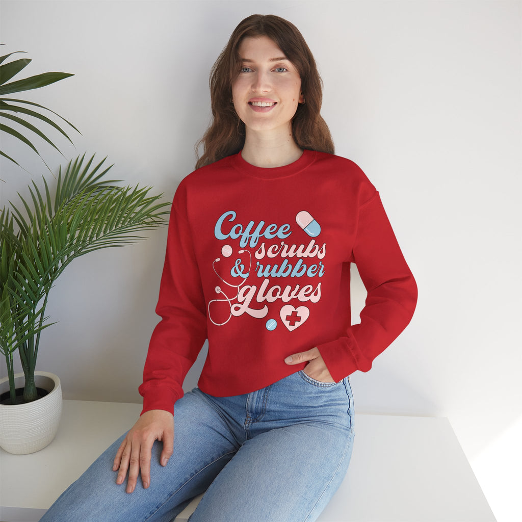 Nurse Life Sweatshirt — "Coffee, Scrubs & Rubber Gloves" Pastel Medical Crewneck
