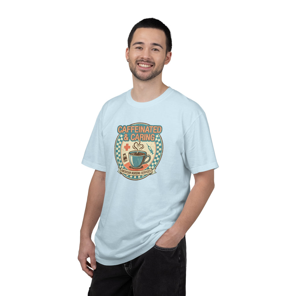 Caffeinated & Caring Nurse T‑Shirt — Retro Coffee Nursing Tee