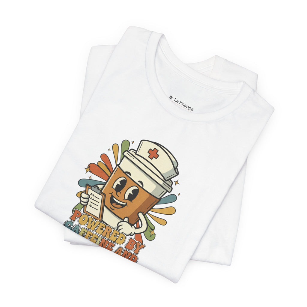 Nurse Coffee Cup Tee — "Fueled by Caffeine and Caring" Retro Nurse Graphic T‑Shirt Nursing Student Tees Student Nurse