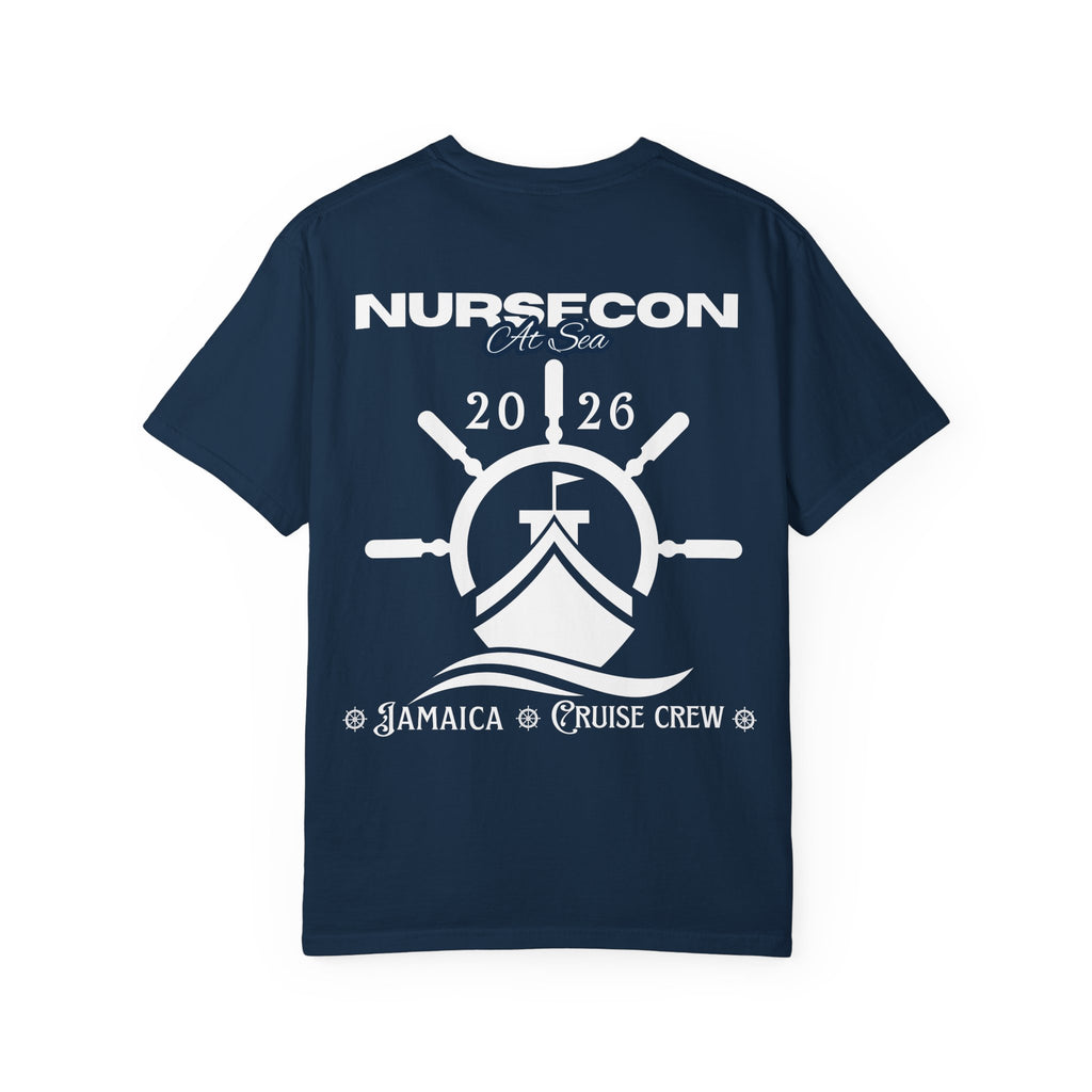 Customize NurseCon At Sea 2026 Cruise Crew T-Shirt — Personalized Name Nurse Nautical Blue Tee
