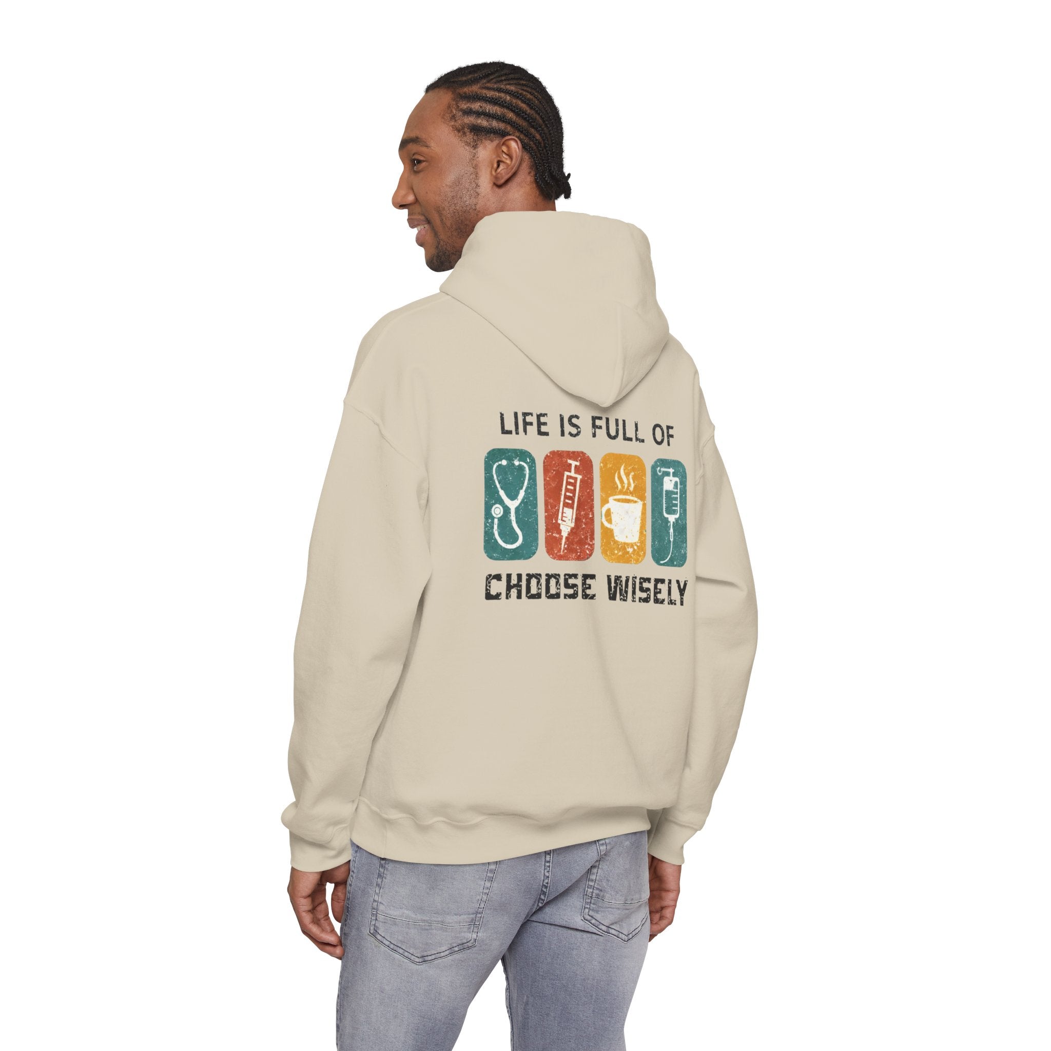 Hoodie — "Life Is Full of Choices" Stethoscope, Coffee & IV Nurse Cozy Pullover