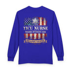 Customized Trauma Nurse Long Sleeve Shirt — TICU Nurse "First to Fight, Last to Fall"