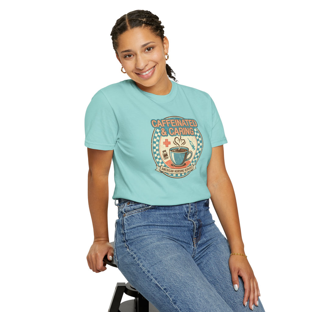 Caffeinated & Caring Nurse T‑Shirt — Retro Coffee Nursing Tee