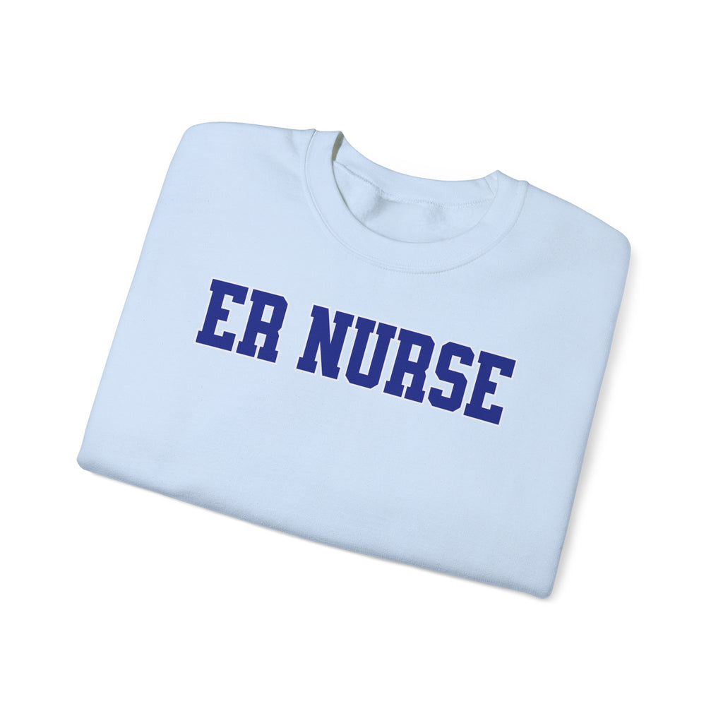 ER Nurse Collegiate Crewneck Sweatshirt — Emergency Nurse Blue & White Typography