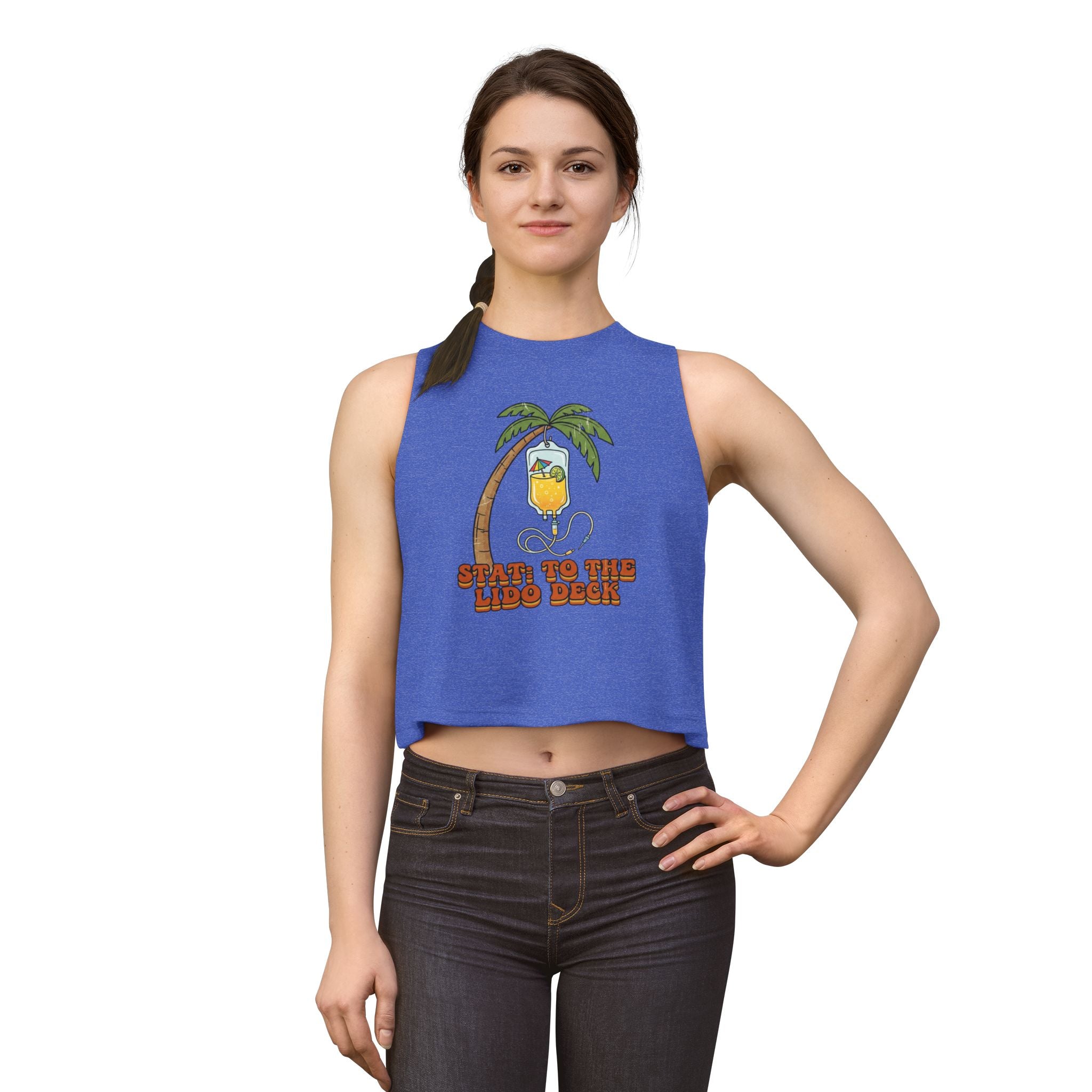 Nurse Conference Cruise Trip Crop Top — "Stat: to The Lido Deck" Tropical Palm & Drink Graphic Nurse T- Shirt