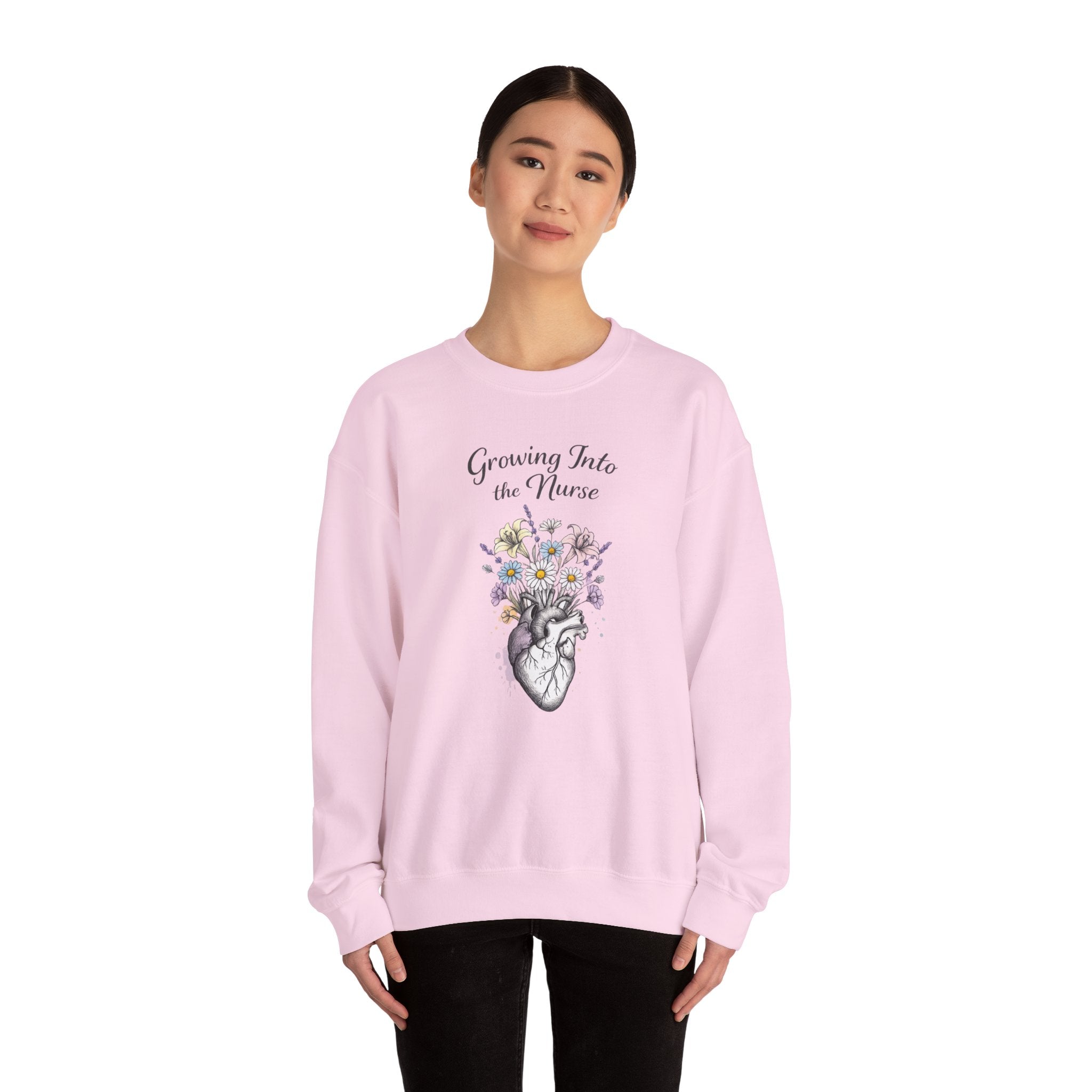 Nurse Graduation Sweatshirt — "Growing Into the Nurse" Floral Anatomical Heart Crewneck Student Nurse