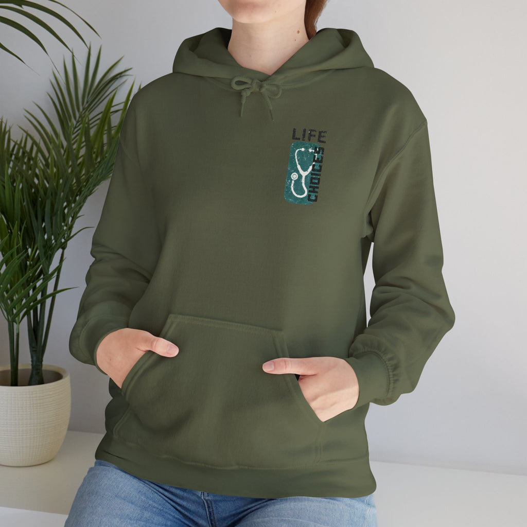 Hoodie — "Life Is Full of Choices" Stethoscope, Coffee & IV Nurse Cozy Pullover