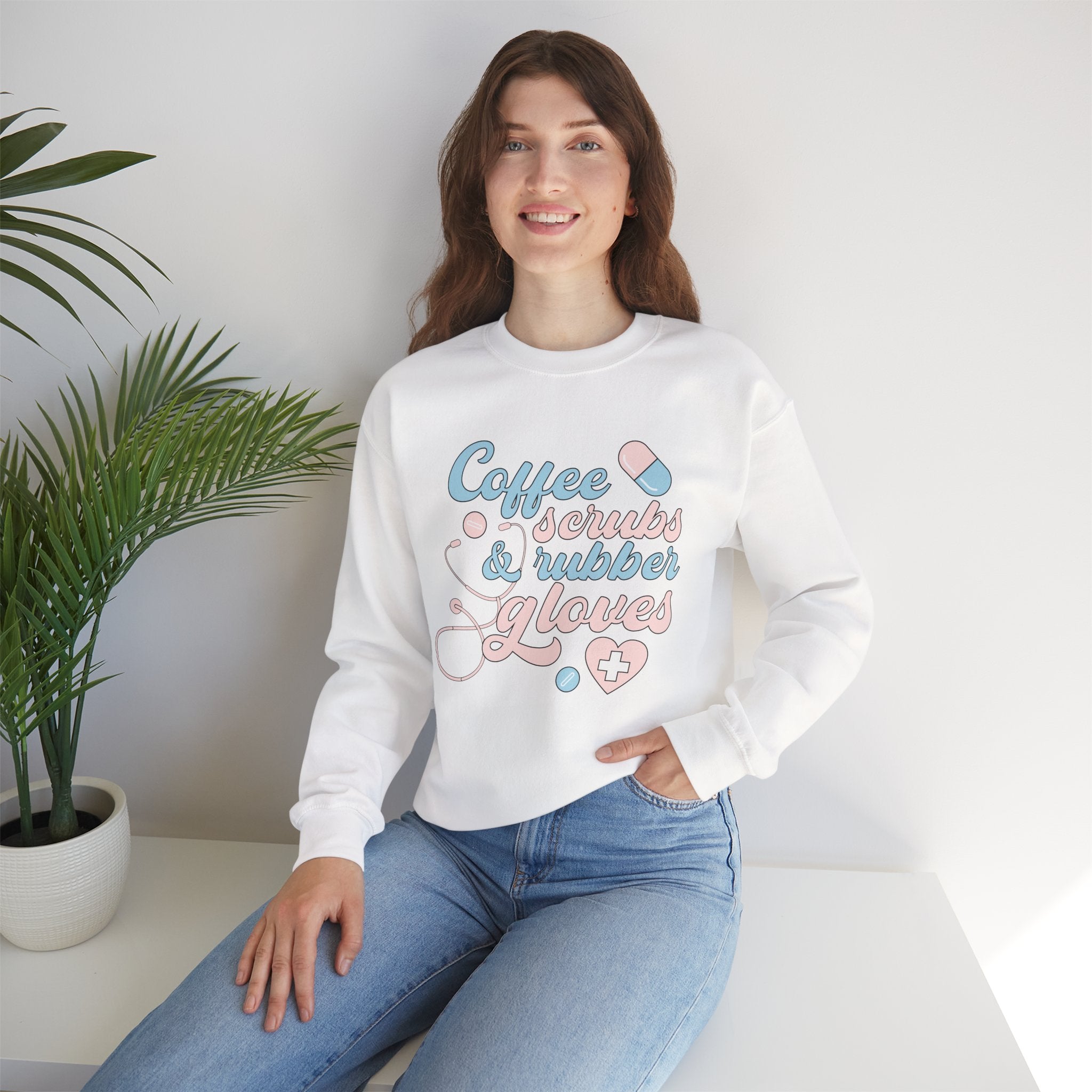 Nurse Life Sweatshirt — "Coffee, Scrubs & Rubber Gloves" Pastel Medical Crewneck