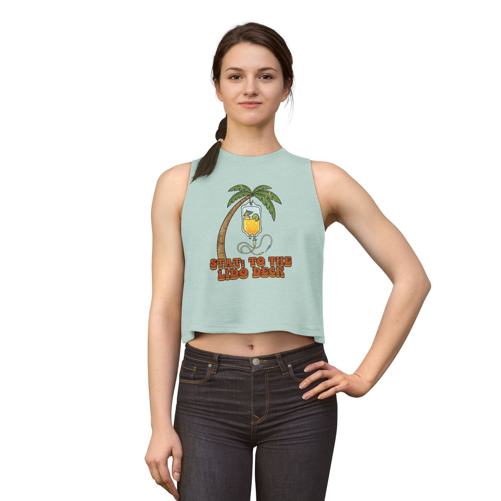 Nurse Conference Cruise Trip Crop Top — "Stat: to The Lido Deck" Tropical Palm & Drink Graphic Nurse T- Shirt