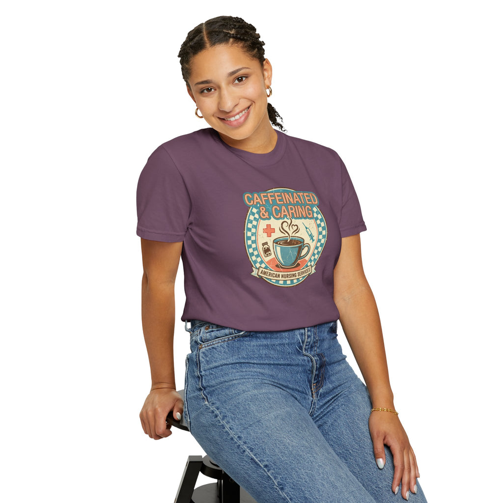 Caffeinated & Caring Nurse T‑Shirt — Retro Coffee Nursing Tee