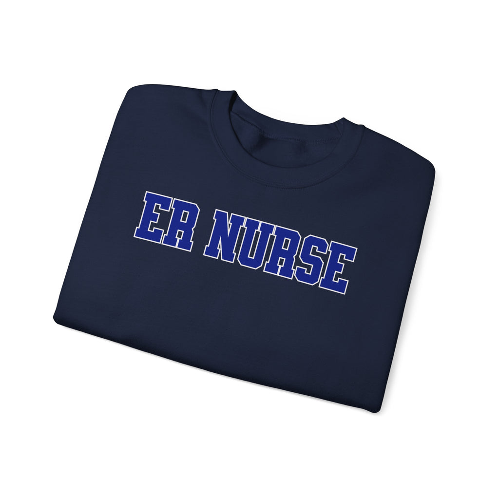 ER Nurse Collegiate Crewneck Sweatshirt — Emergency Nurse Blue & White Typography
