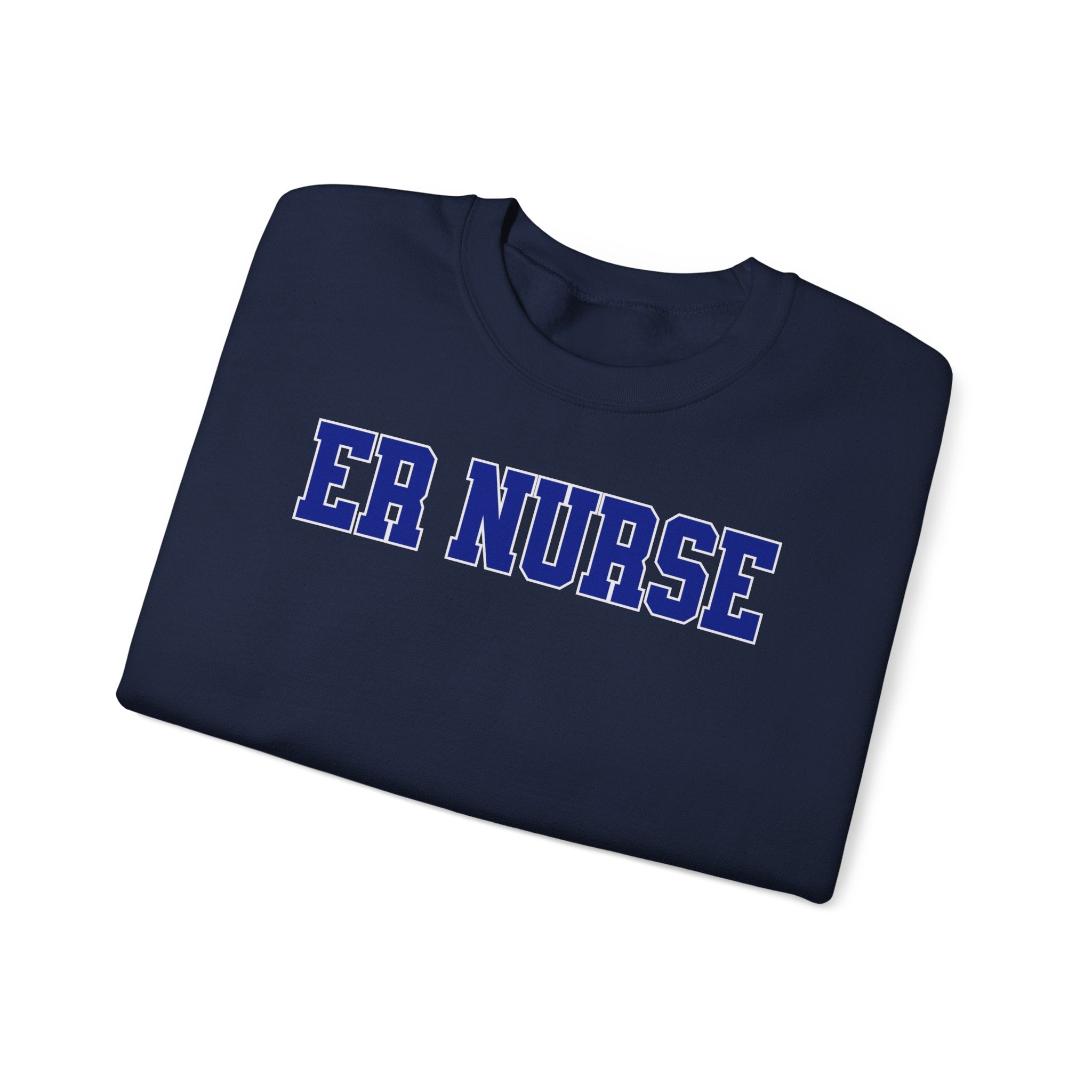 ER Nurse Collegiate Crewneck Sweatshirt — Emergency Nurse Blue & White Typography