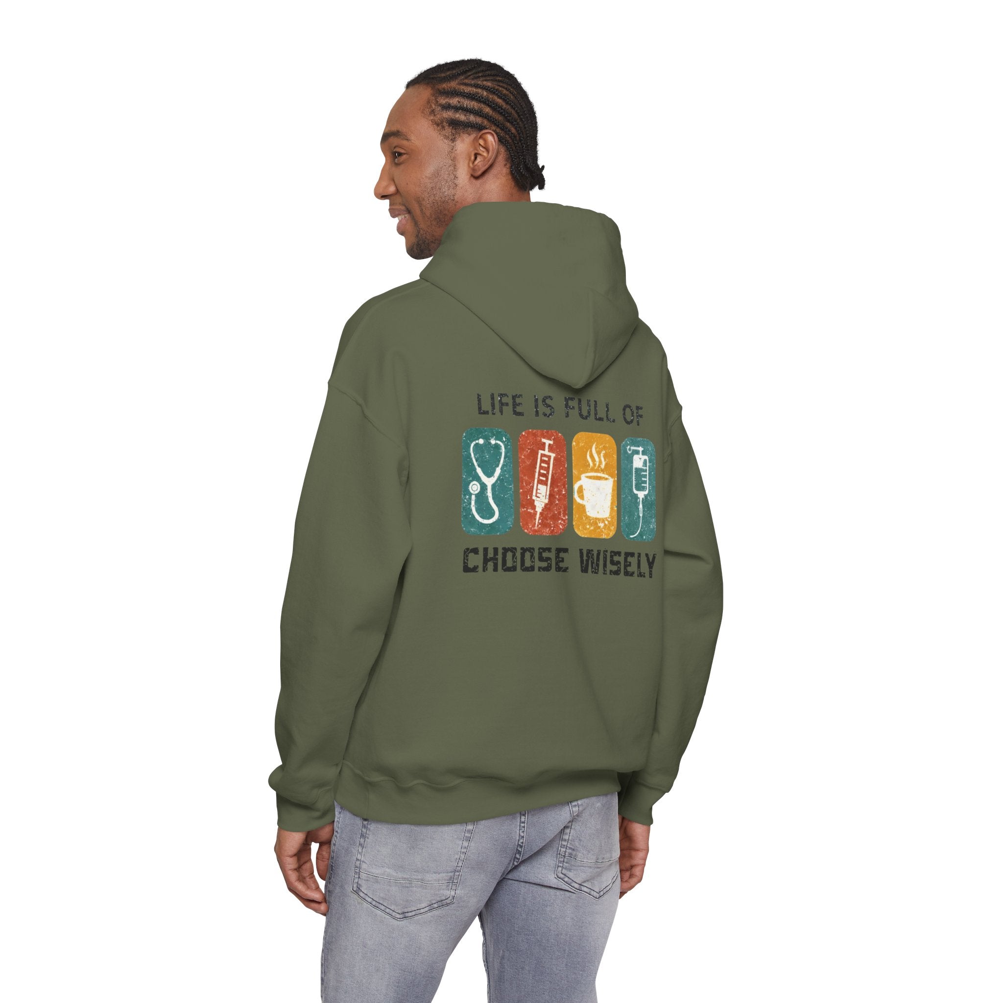 Hoodie — "Life Is Full of Choices" Stethoscope, Coffee & IV Nurse Cozy Pullover